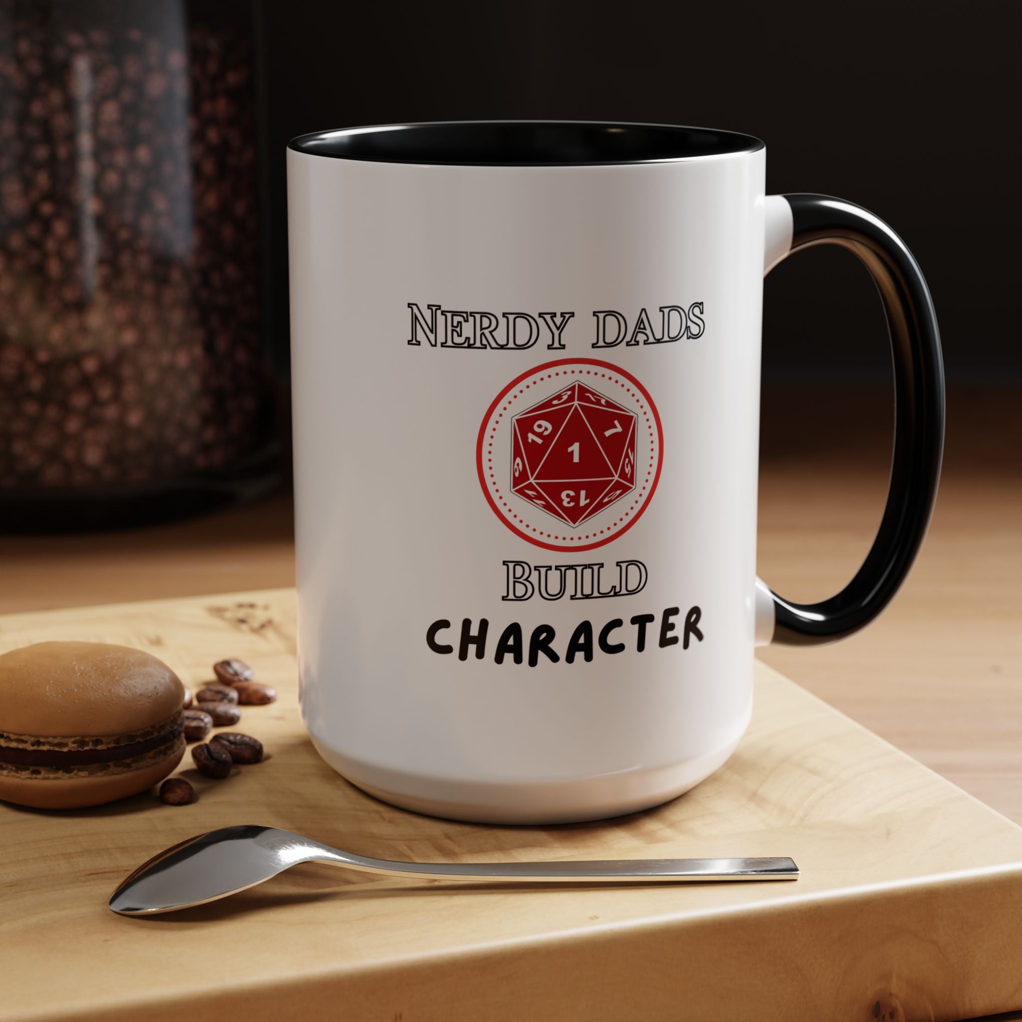 Nerdy Dads Build Character Coffee Mug – D20 RPG Gamer Dad Gift 15 oz