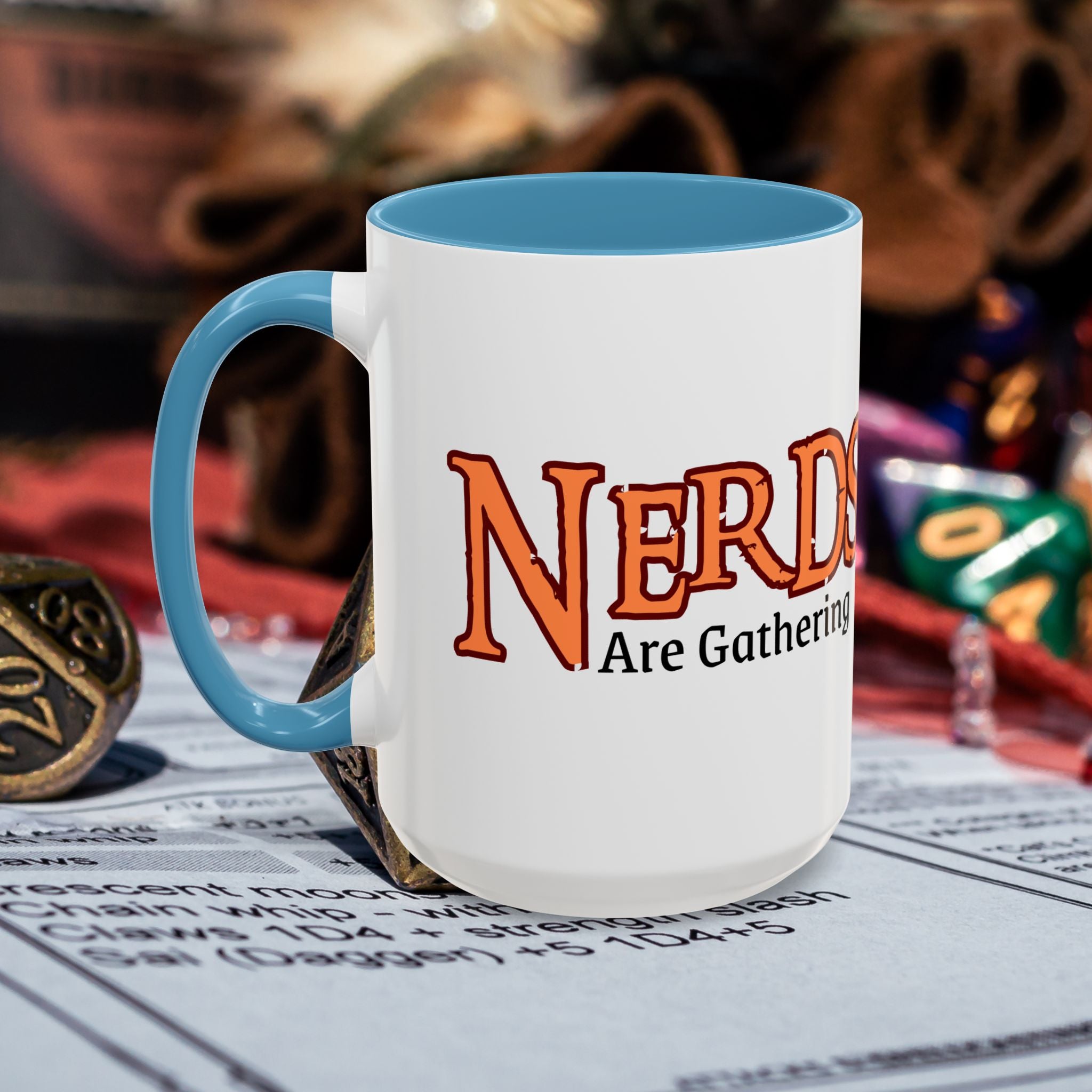 Coffee Mug — "Nerds Are Gathering" Accent Gaming D20 Dice Cup (15oz)