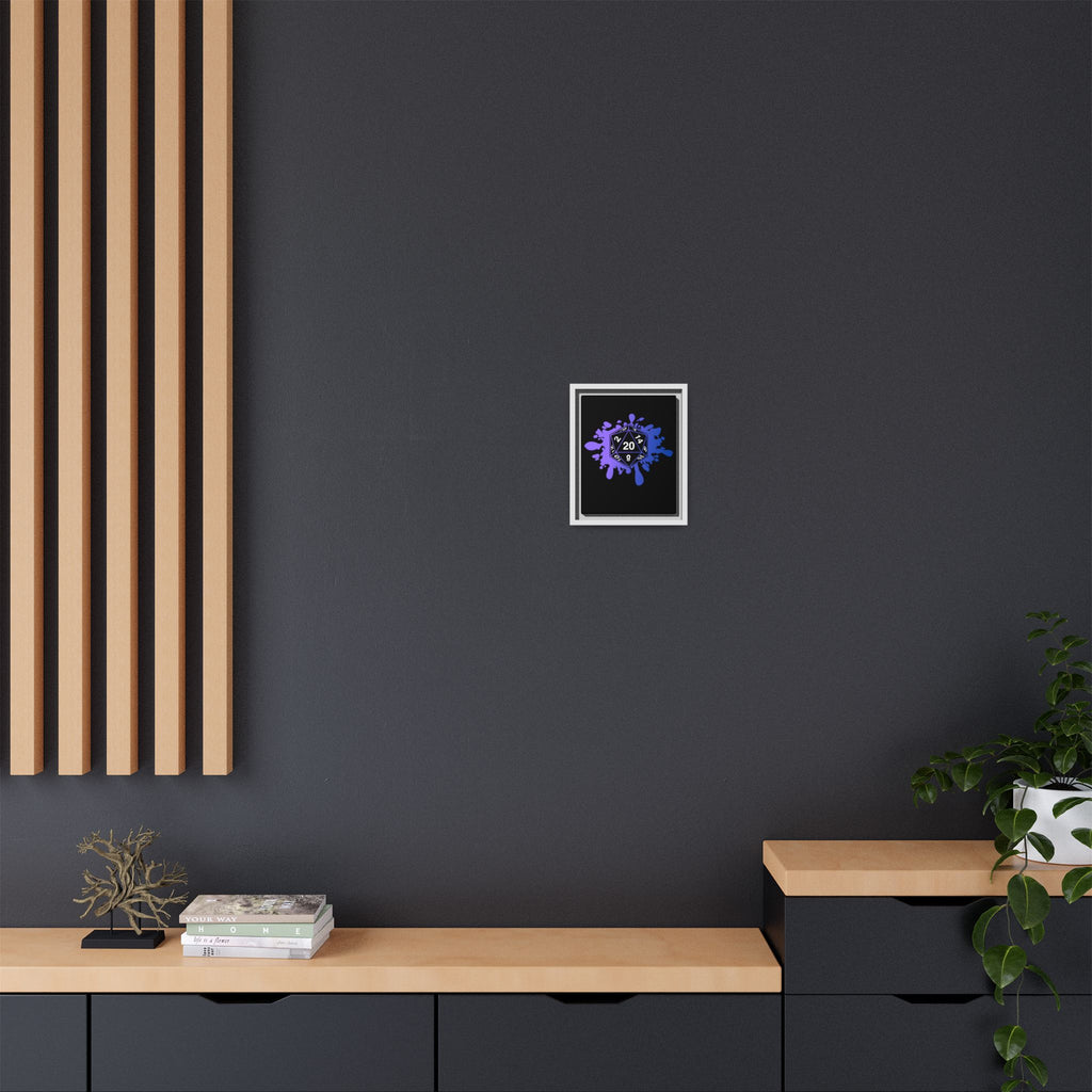 D20 Splash Matte Canvas Framed Wall Art — Purple Blue Tabletop RPG Decor