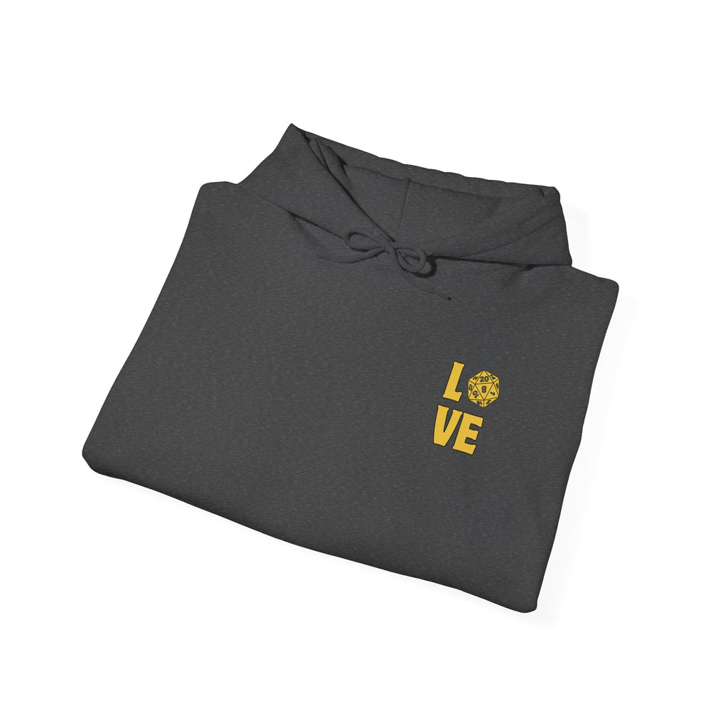 LOVE D20 Hoodie — Gold Glitter Dice Heart Gamer Gaming RPG Hooded Sweatshirt