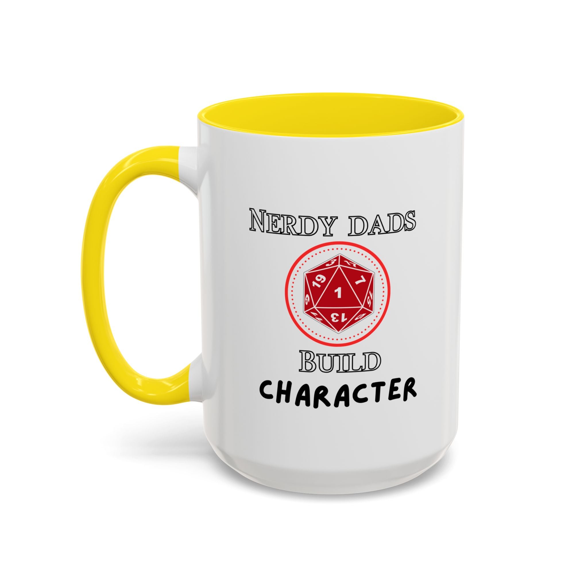 Nerdy Dads Build Character Coffee Mug – D20 RPG Gamer Dad Gift 15 oz