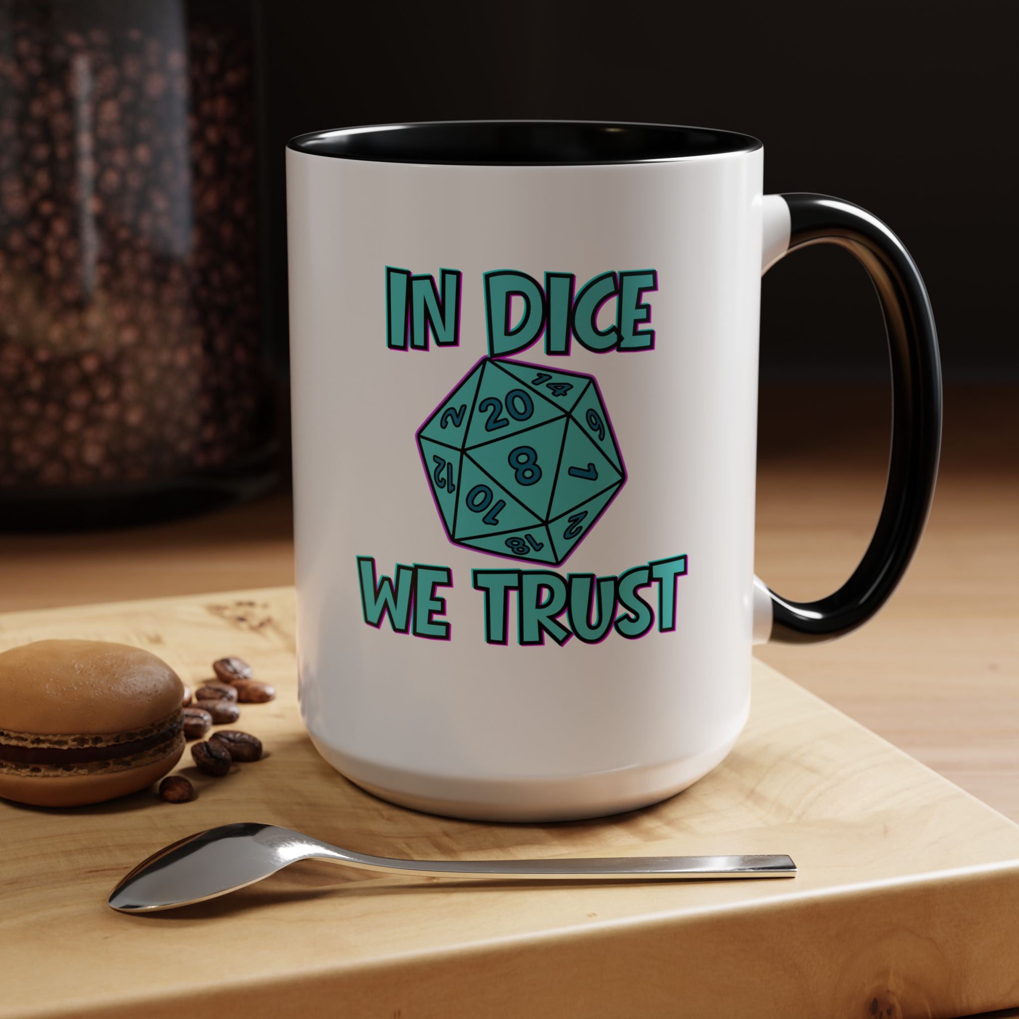 D20 Coffee Mug — "In Dice We Trust" Gamer RPG Dice Mug (15oz Accent)