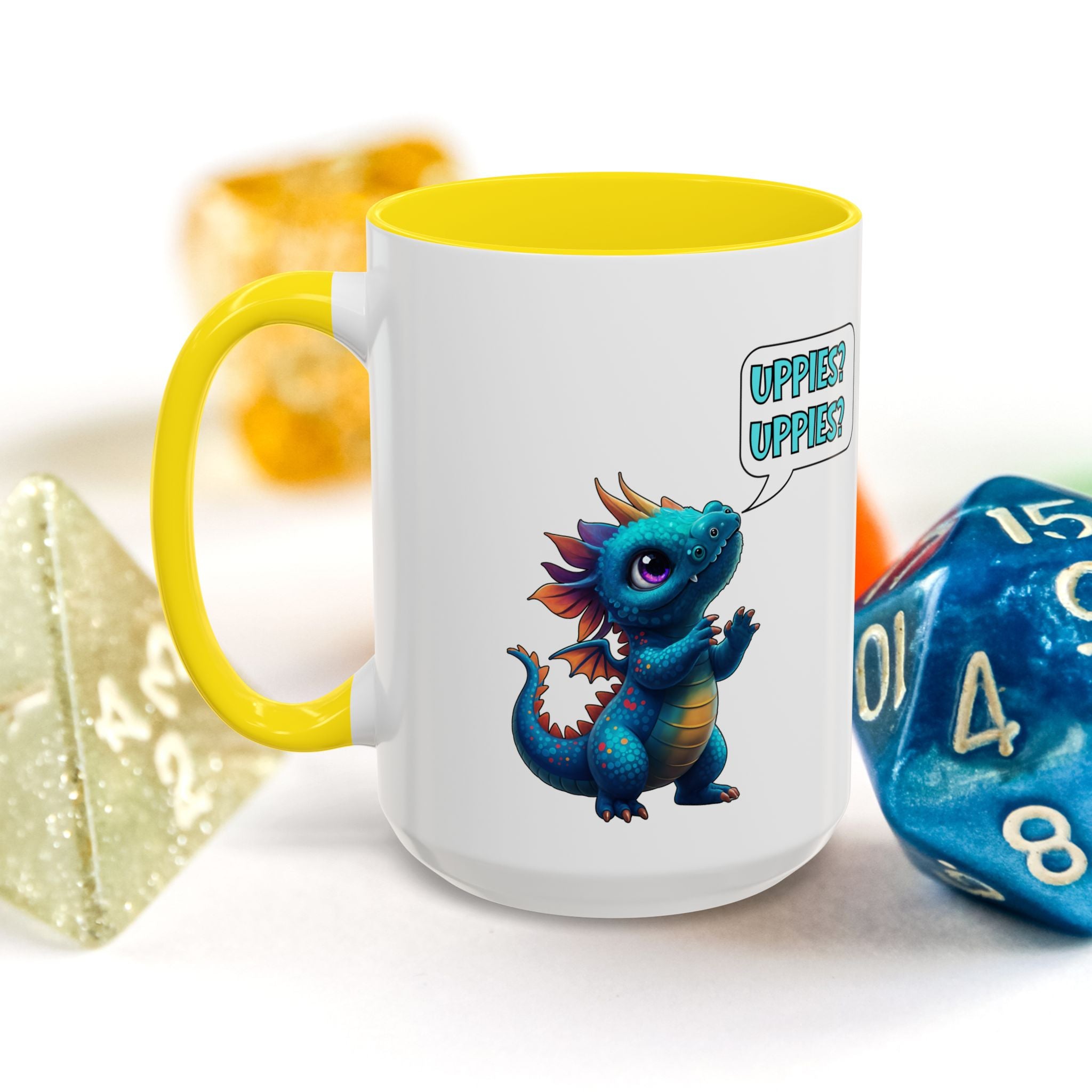 Dragon Coffee Mug - Cute Blue Dragon Saying 'Uppies? Uppies?' - Fantasy D20 Gamer Gift (15oz)