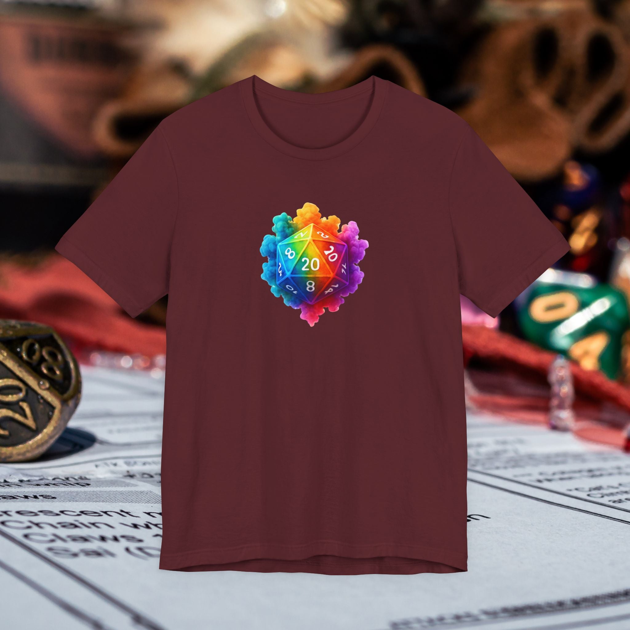 D20 Rainbow Heart T‑Shirt — Colorful Tabletop RPG Dice Tee