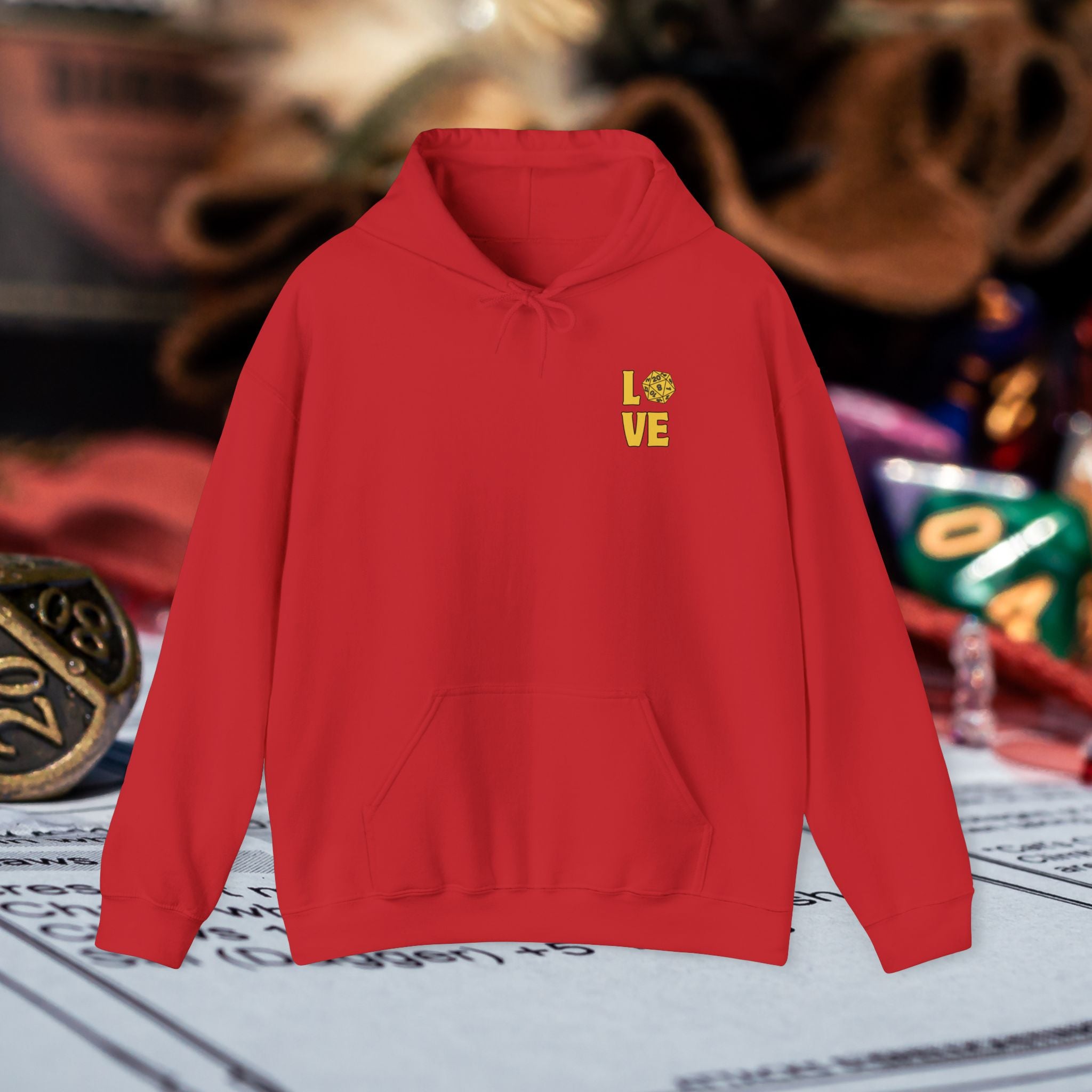 LOVE D20 Hoodie — Gold Glitter Dice Heart Gamer Gaming RPG Hooded Sweatshirt