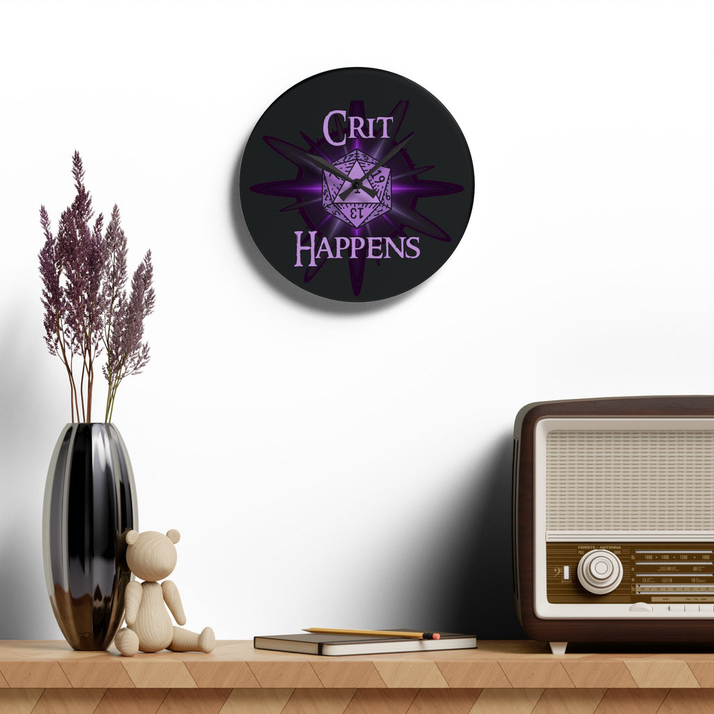 Acrylic Wall Clock — “Crit Happens” D20 Gamer Wall Clock (Purple Fantasy RPG Decor)