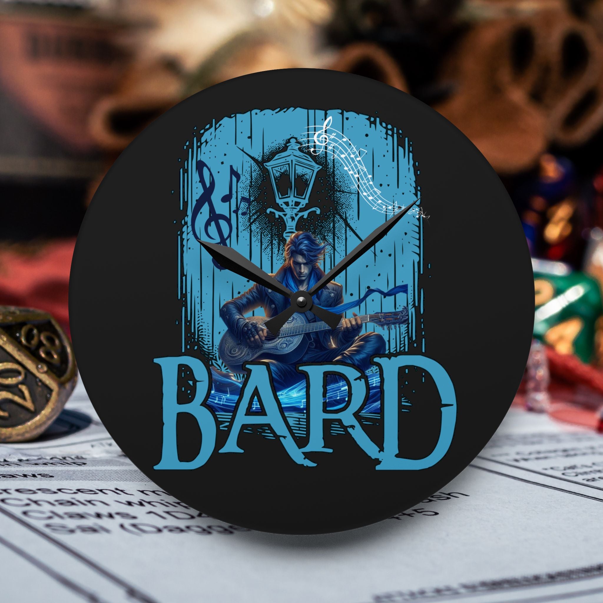 Bard Acrylic Wall Clock – Fantasy RPG Musician Decor