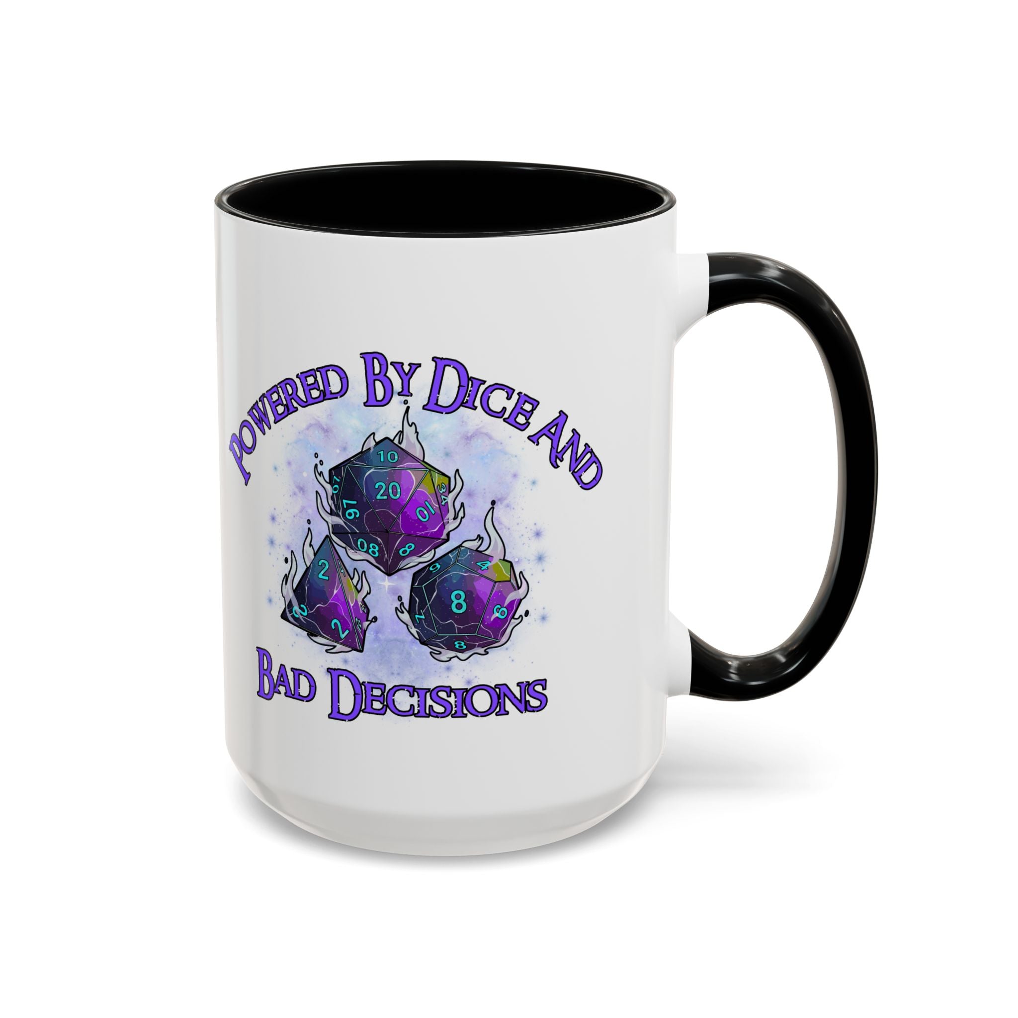 Powered by Dice Coffee Mug — "Powered by Dice and Bad Decisions" RPG Gamer Mug