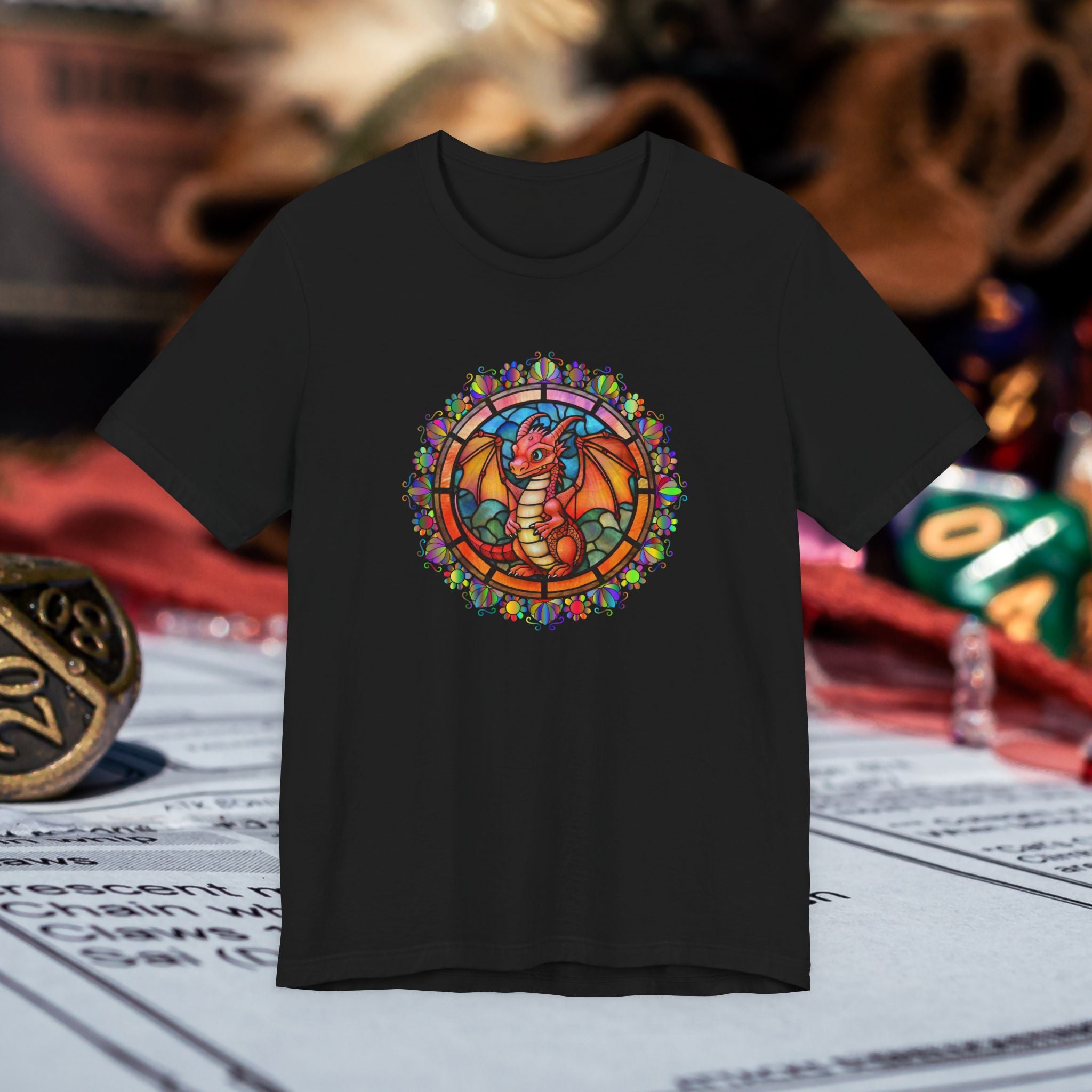 Dragon Stained Glass T‑Shirt — Colorful D20 Fantasy RPG Tee