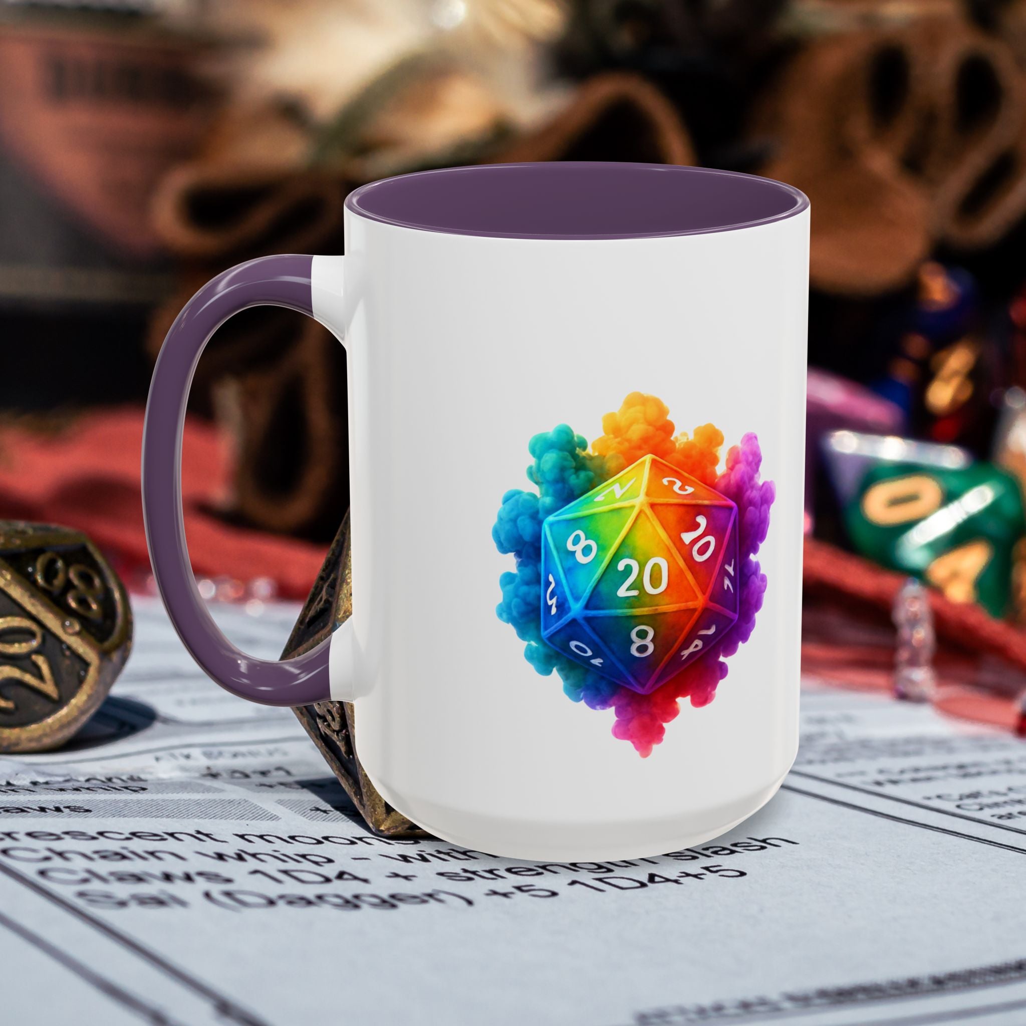 D20 Rainbow Dice Coffee Mug — Colorful Tabletop RPG Gamer Mug (15 oz)