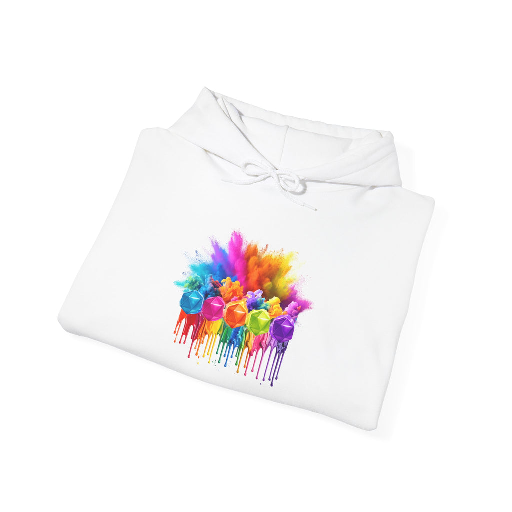 Colorful Drip D20 Hoodie – Vibrant Rainbow Dice Sweatshirt