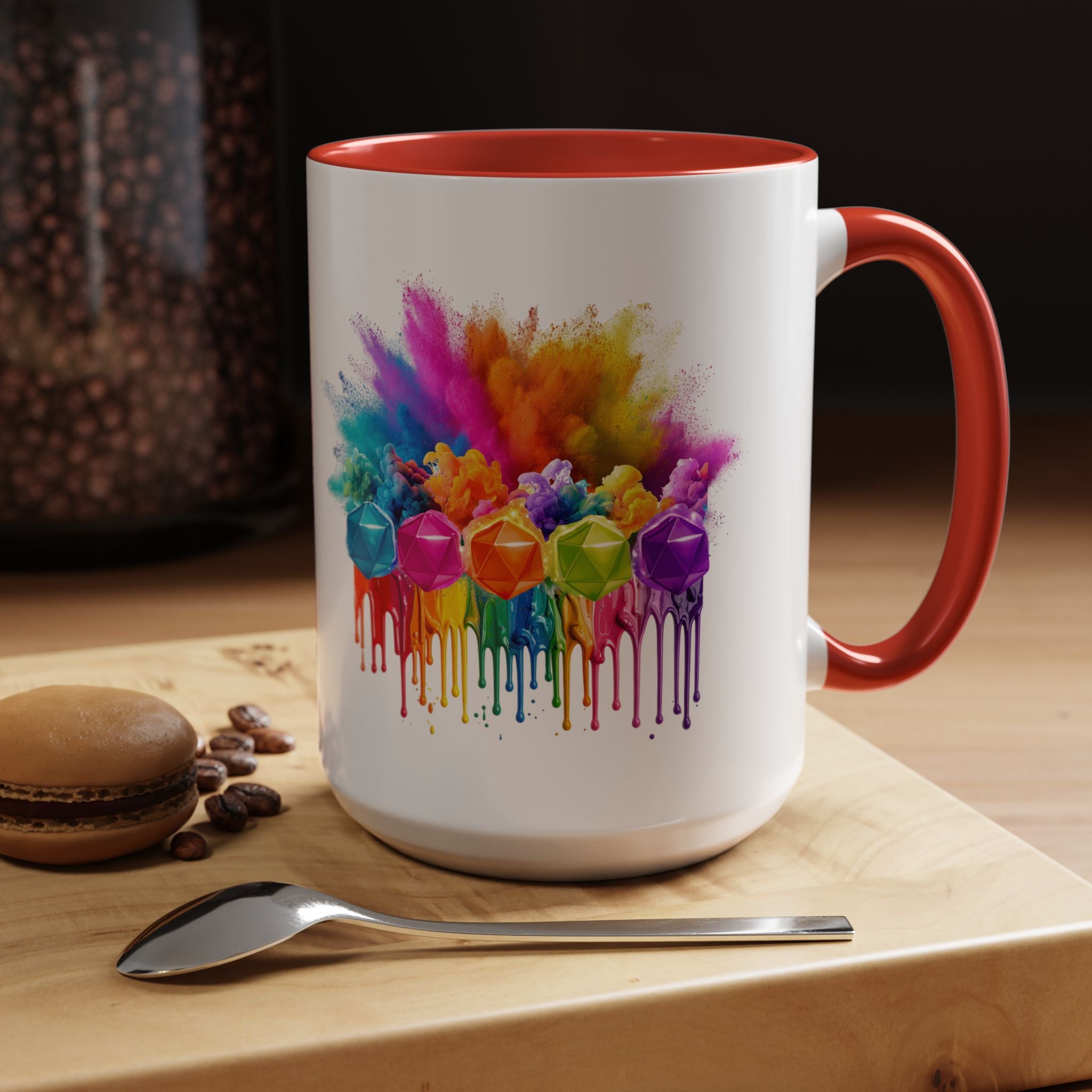 Colorful Dripping D20 Coffee Mug — Vibrant Rainbow Dice Design (15 oz)