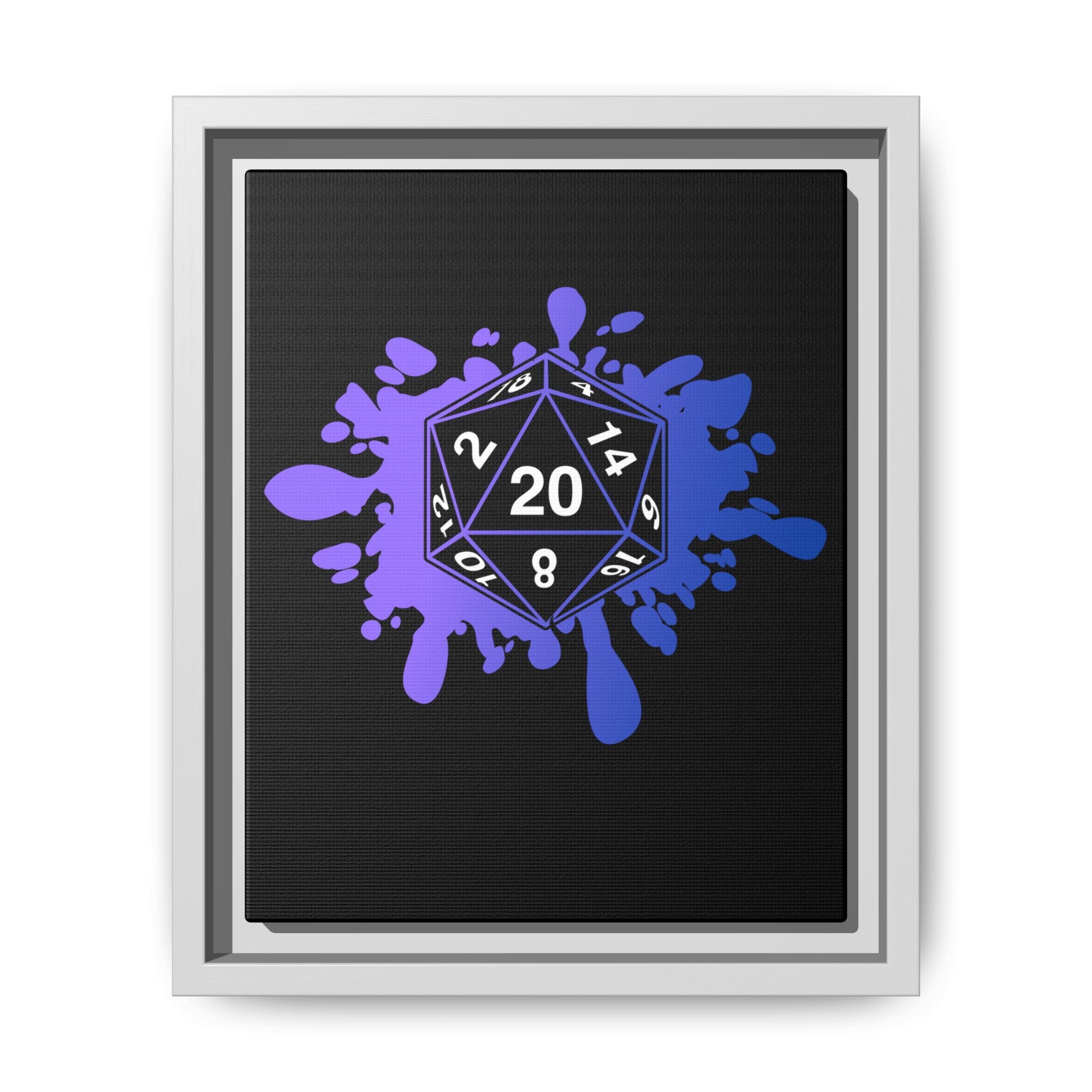 D20 Splash Matte Canvas Framed Wall Art — Purple Blue Tabletop RPG Decor