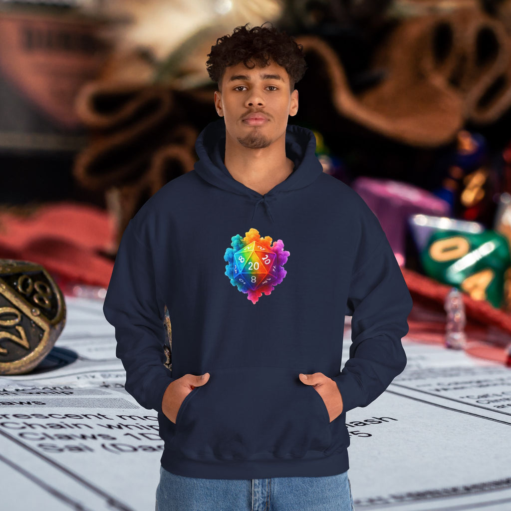 Rainbow D20 Gamer Hoodie — Colorful Critical Hit Dice Logo