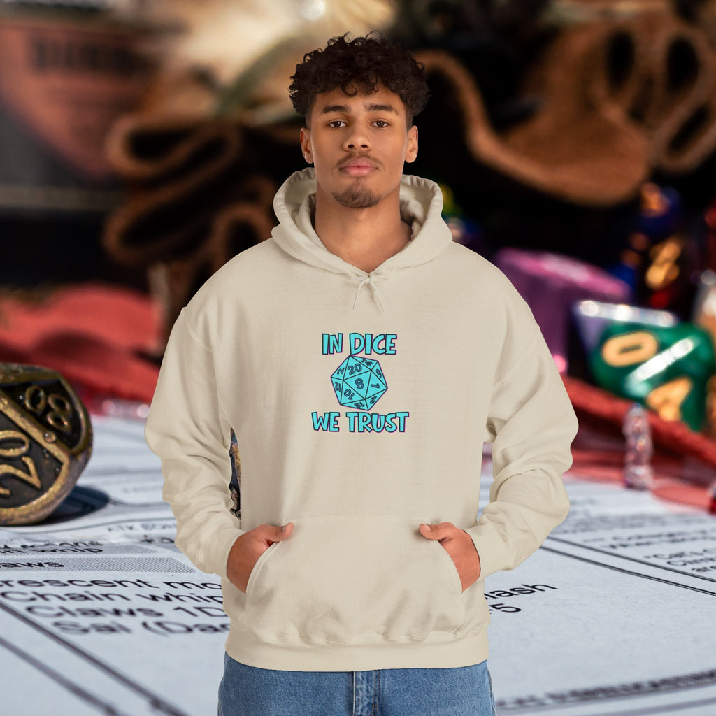 D20 Hoodie — "In Dice We Trust" RPG Gamer Hooded Sweatshirt