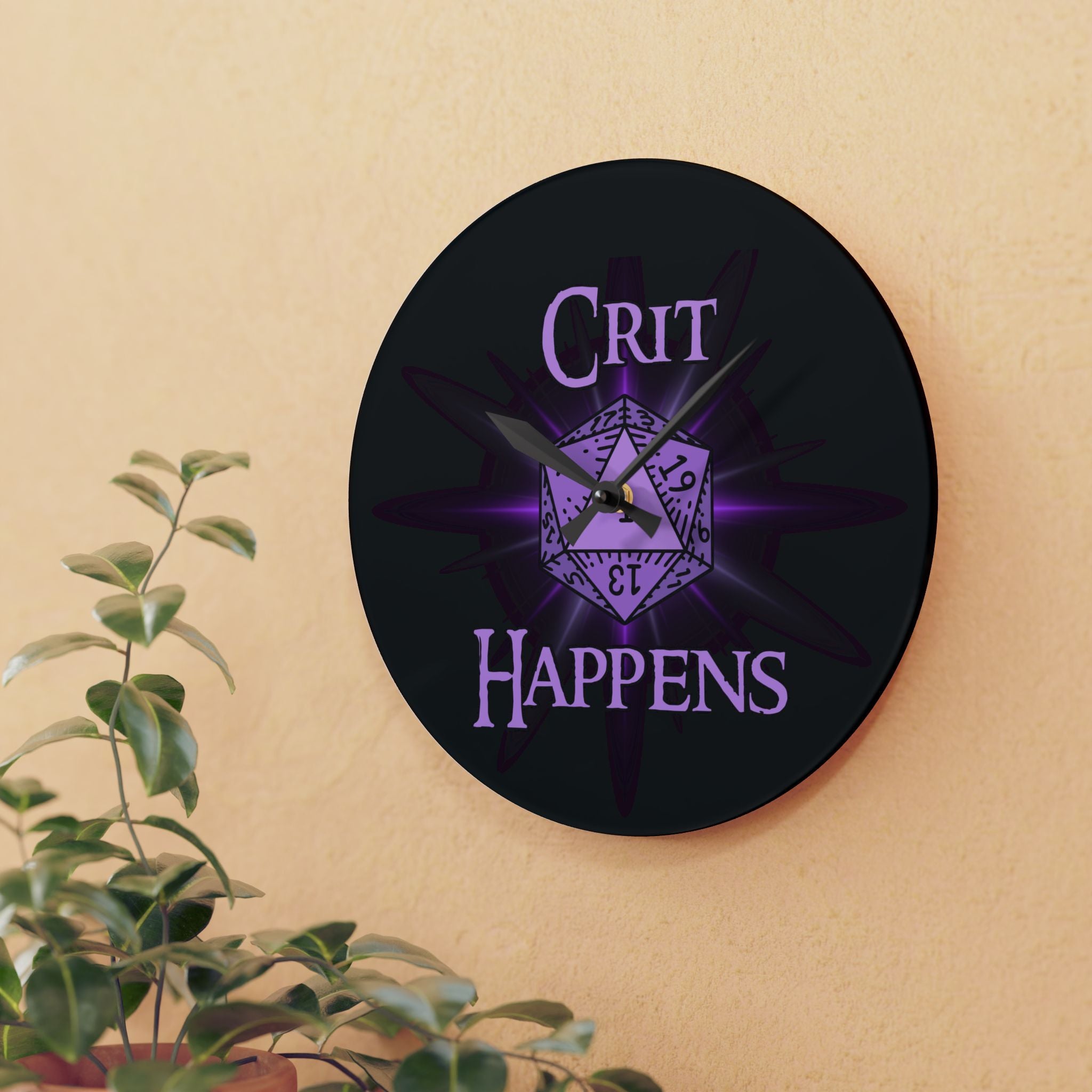 Acrylic Wall Clock — “Crit Happens” D20 Gamer Wall Clock (Purple Fantasy RPG Decor)