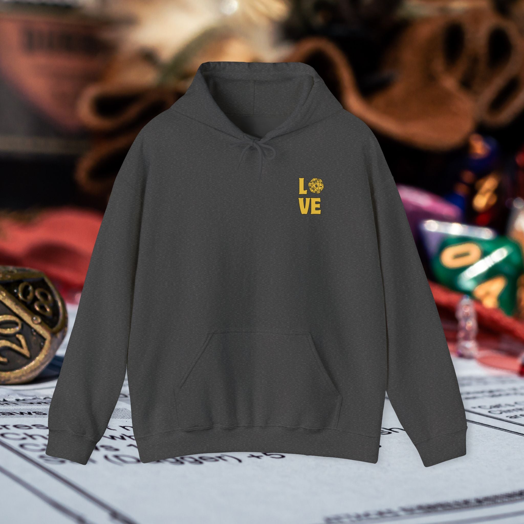 LOVE D20 Hoodie — Gold Glitter Dice Heart Gamer Gaming RPG Hooded Sweatshirt