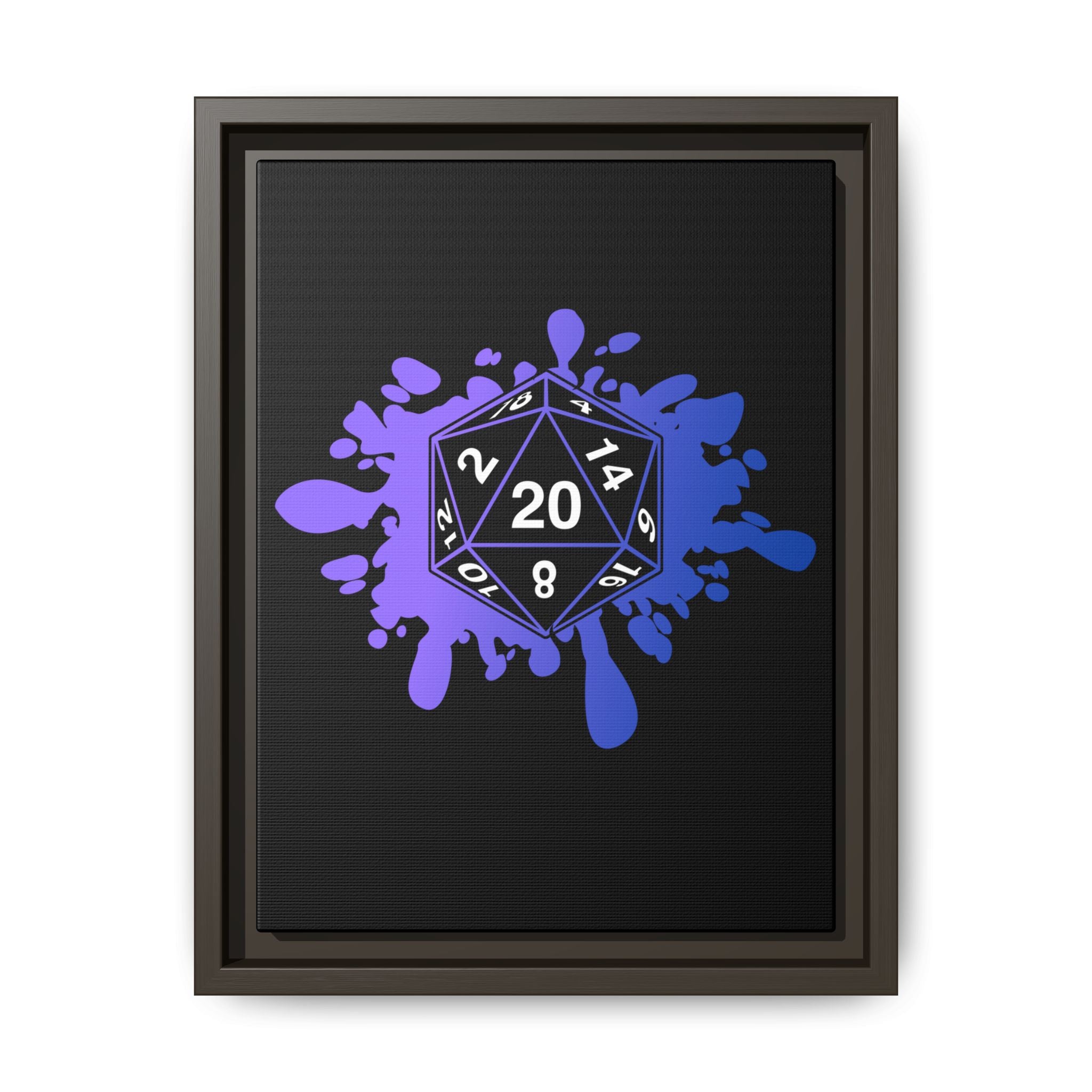 D20 Splash Matte Canvas Framed Wall Art — Purple Blue Tabletop RPG Decor