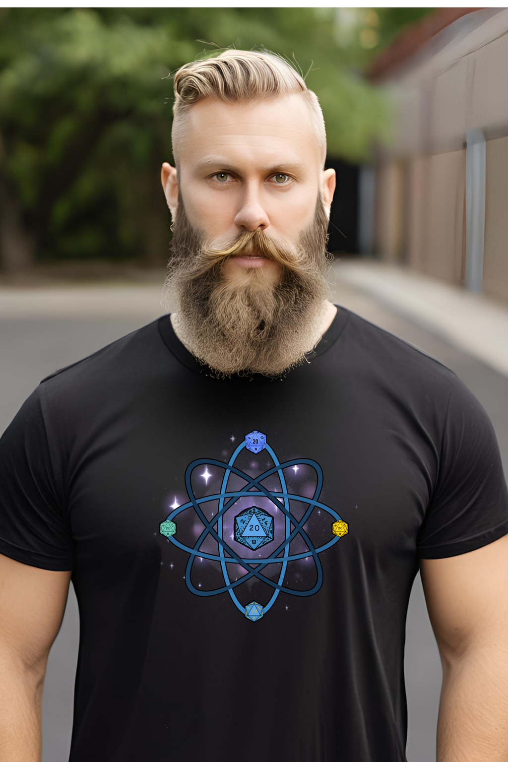 RPG Dice Atom T‑Shirt — D20 Tabletop Gaming Tee
