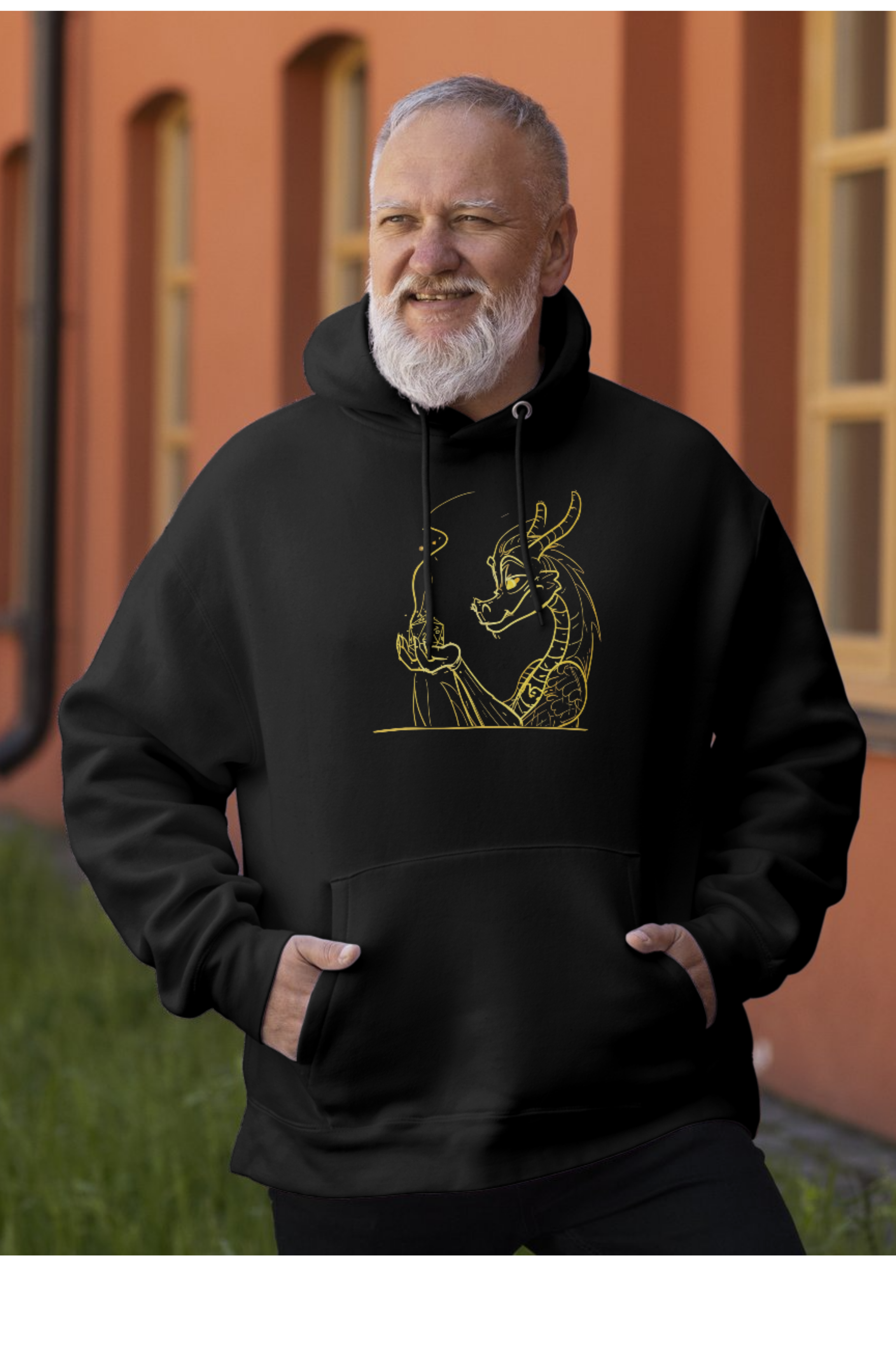 Dragon Holding D20 Hoodie — Gold Line Art Graphic Sweatshirt