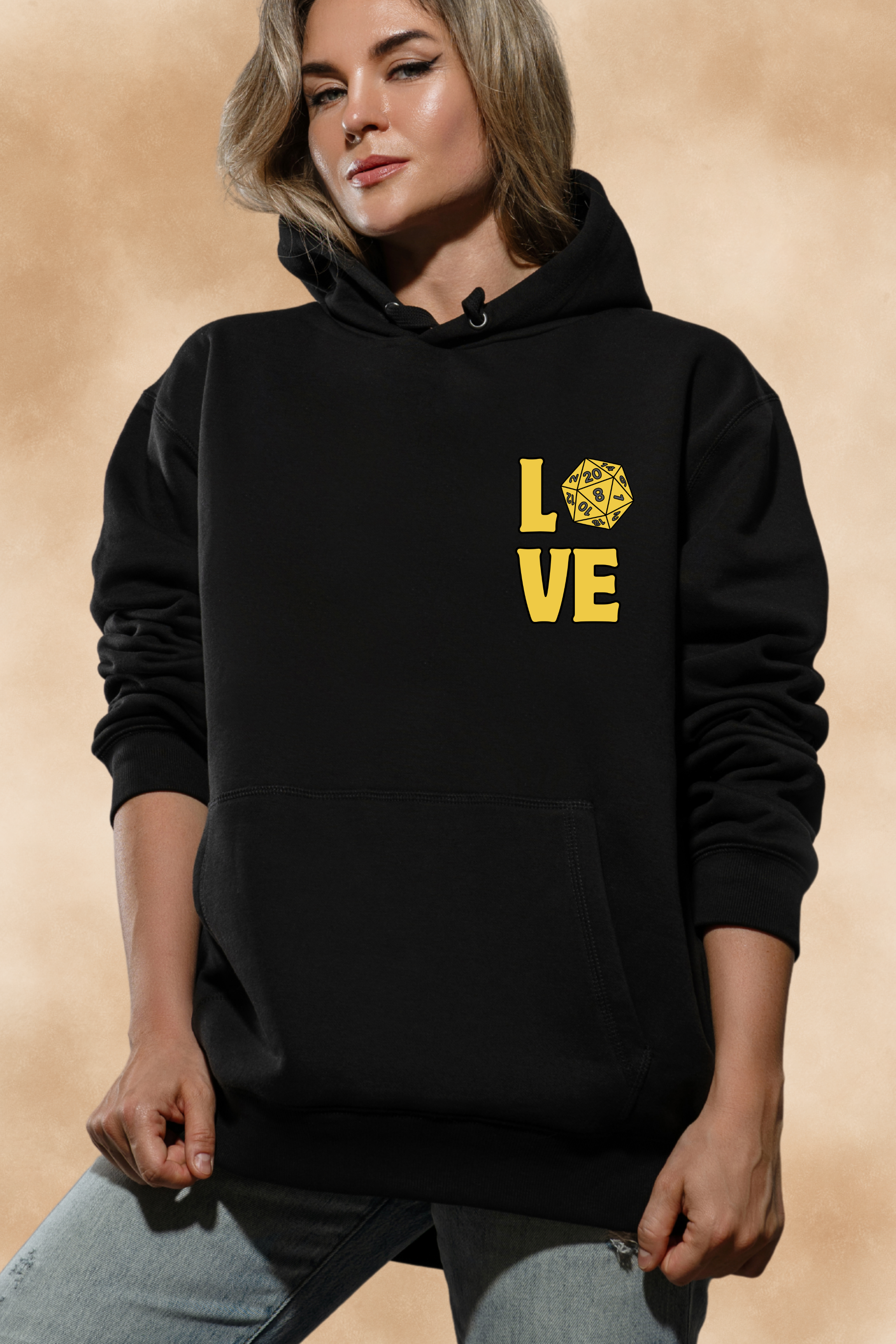 LOVE D20 Hoodie — Gold Glitter Dice Heart Gamer Gaming RPG Hooded Sweatshirt