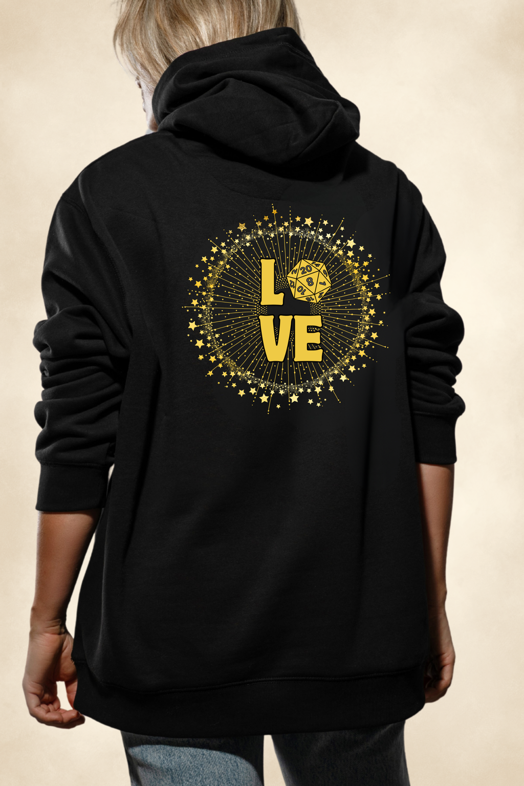 LOVE D20 Hoodie — Gold Glitter Dice Heart Gamer Gaming RPG Hooded Sweatshirt