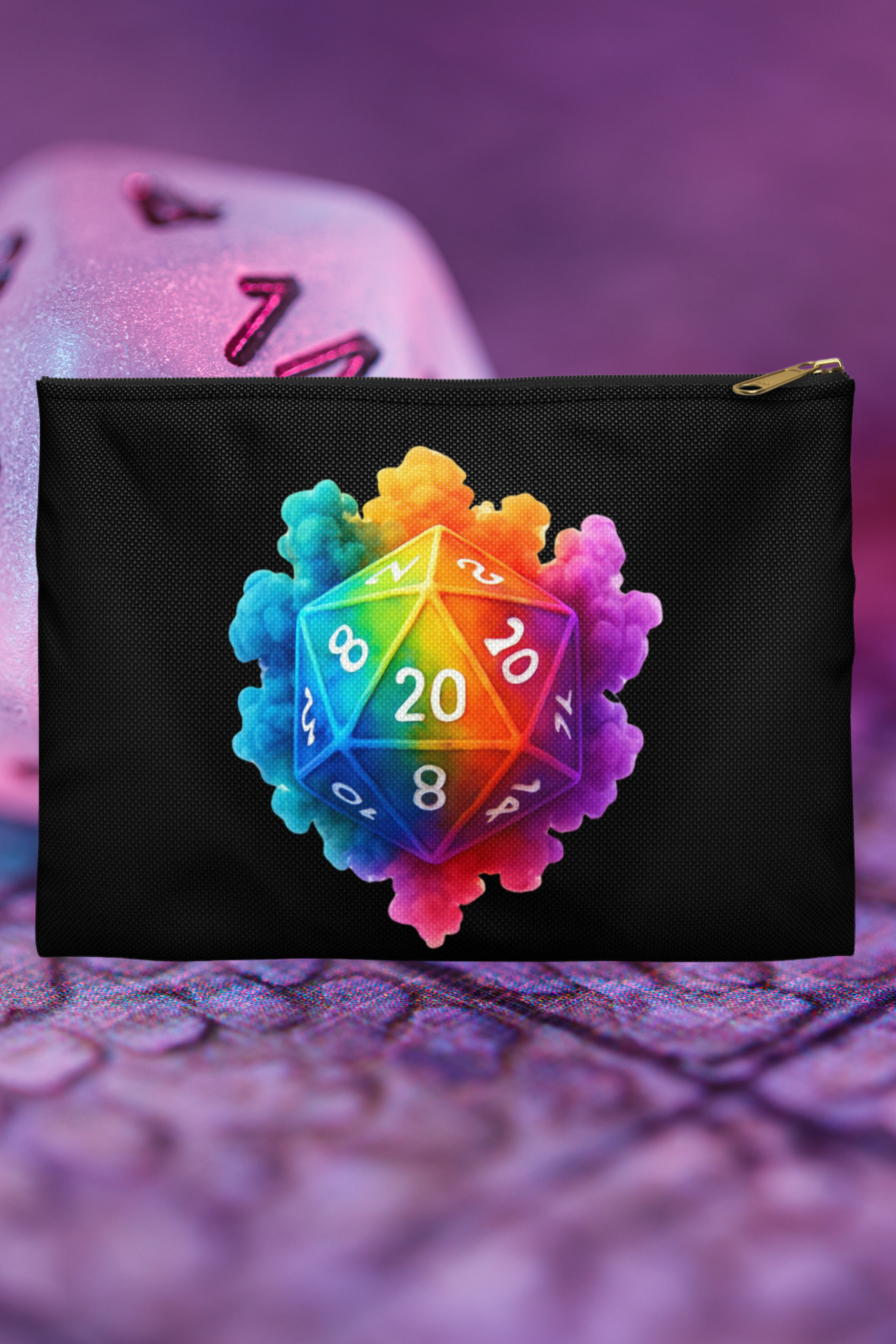 Rainbow D20 Dice Accessory Pouch — RPG Dice Bag, Colorful Tabletop Gaming Gear