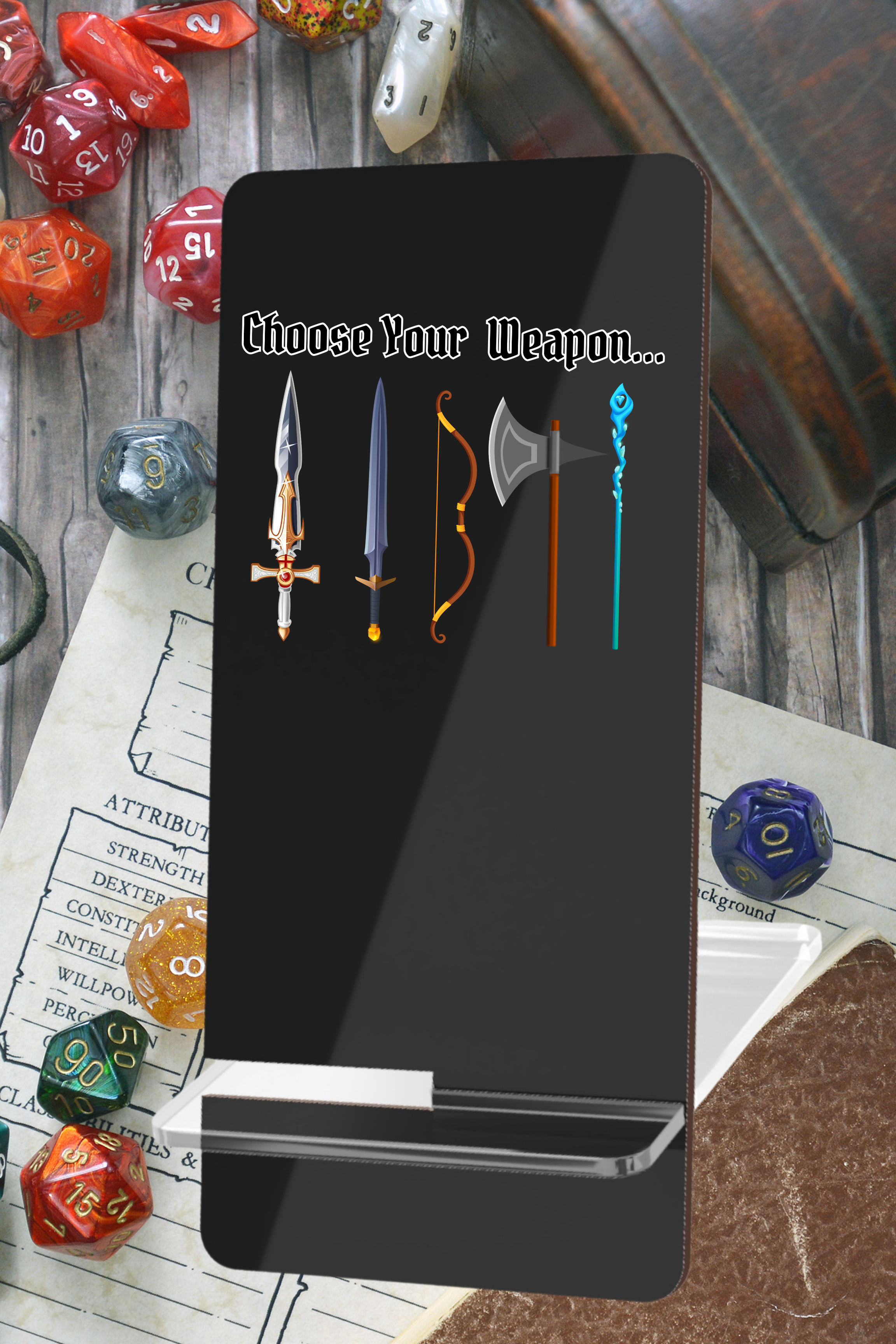 Phone Stand — "Choose Your Weapon"
