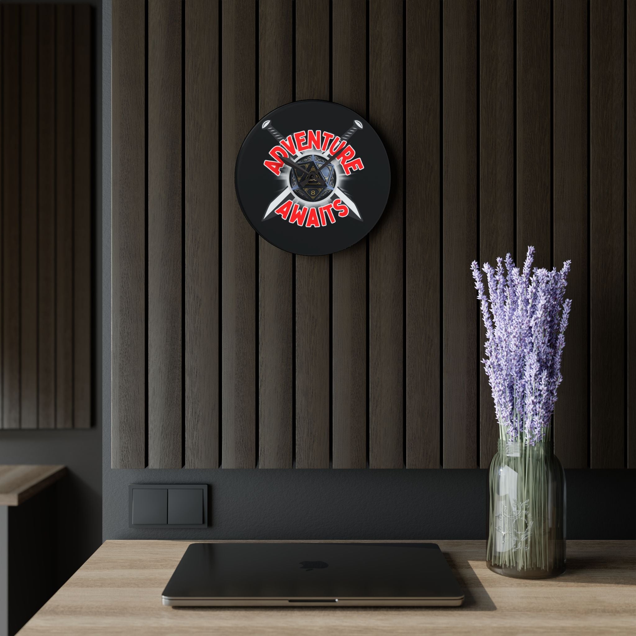 Adventure Awaits Acrylic Wall Clock — D20 Dice & Swords RPG Gamer Decor
