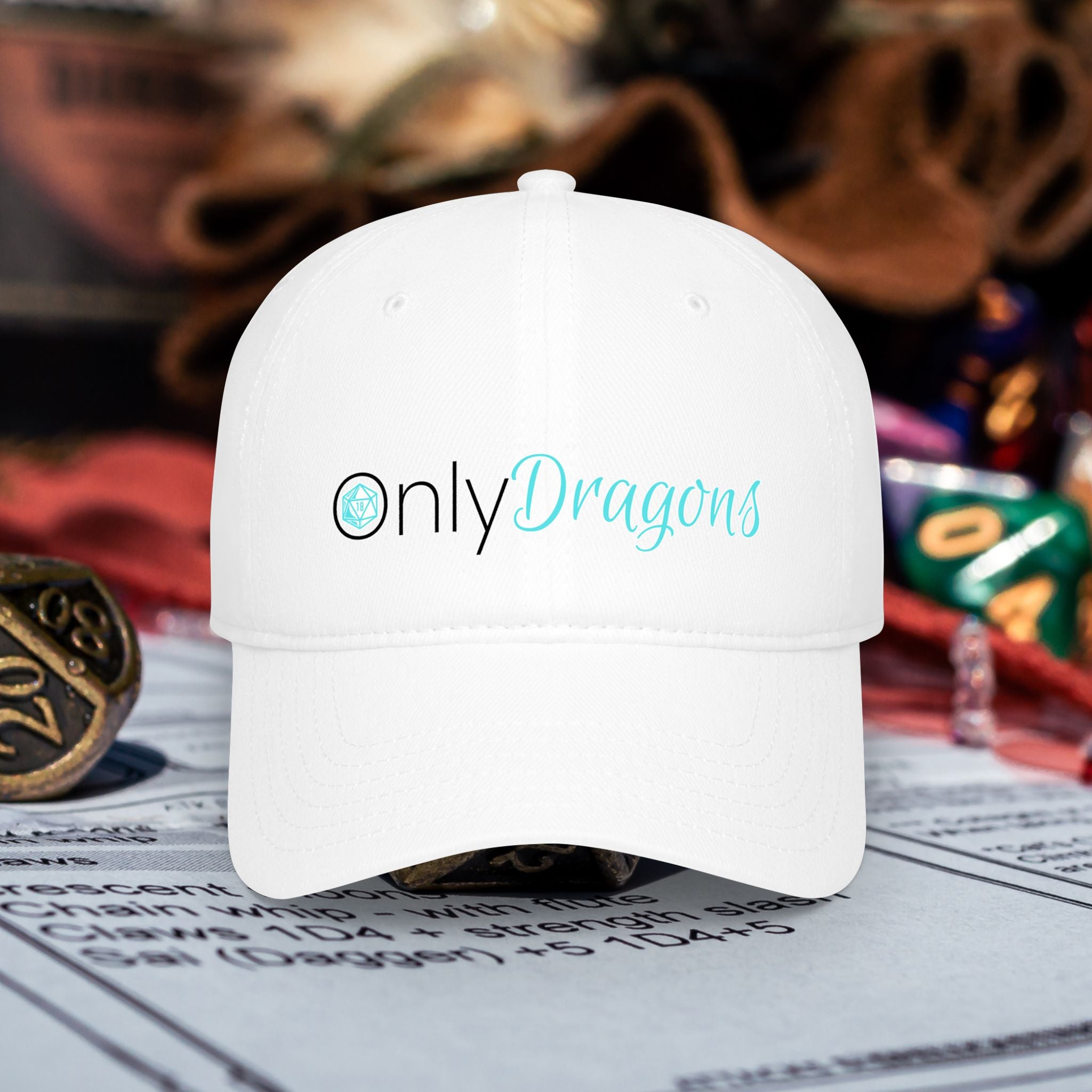 Only Dragons Low Profile Baseball Cap — D&D Dice Logo Hat for Tabletop Gamers