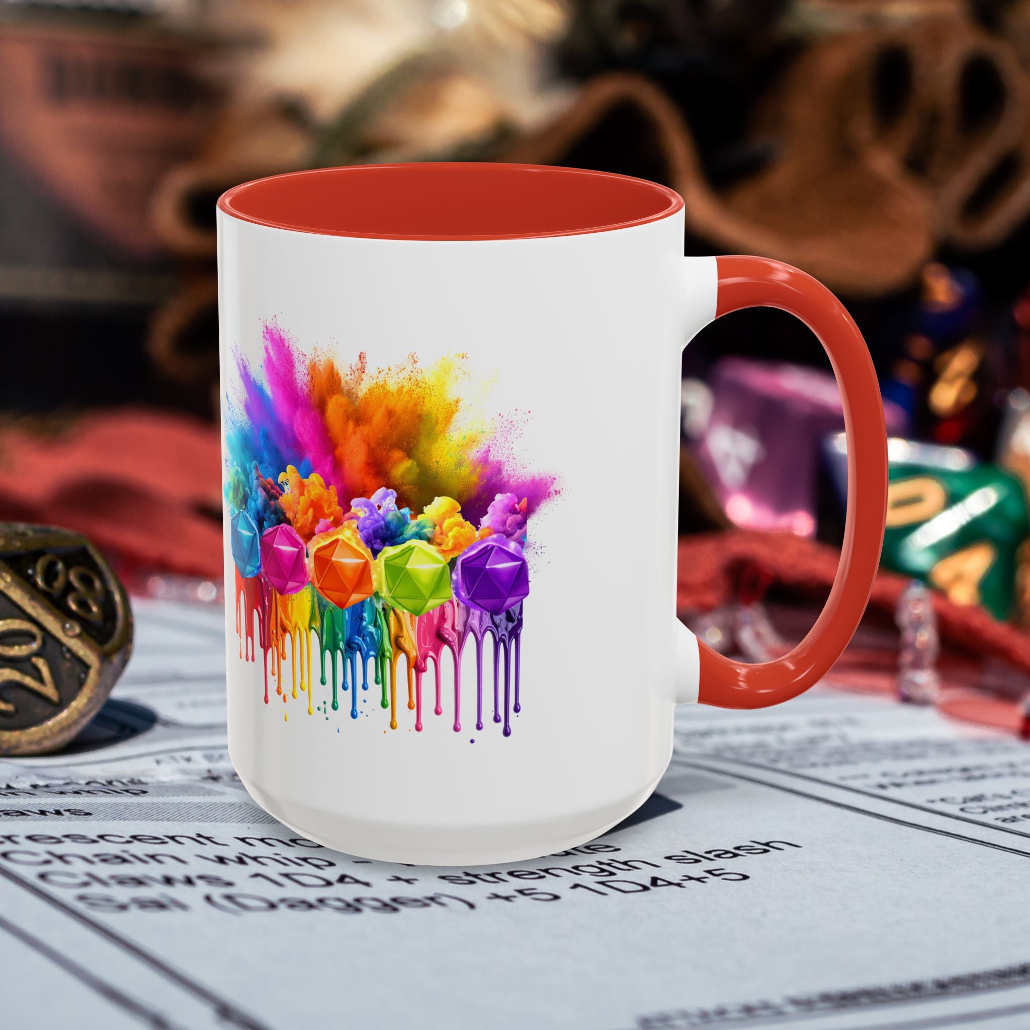 Colorful Dripping D20 Coffee Mug — Vibrant Rainbow Dice Design (15 oz)