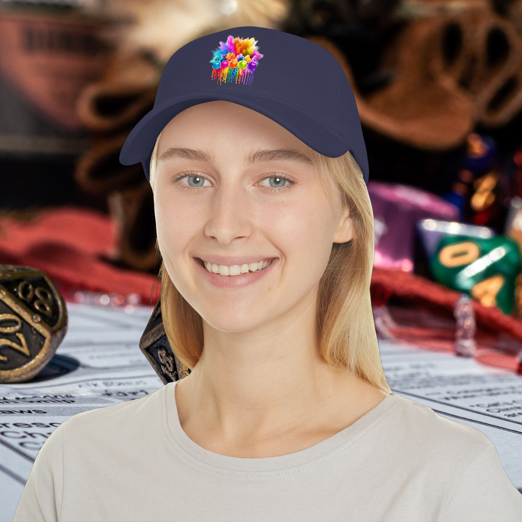 Colorful D20 Baseball Cap — Vibrant Dice Paint Splash Low-Profile Hat