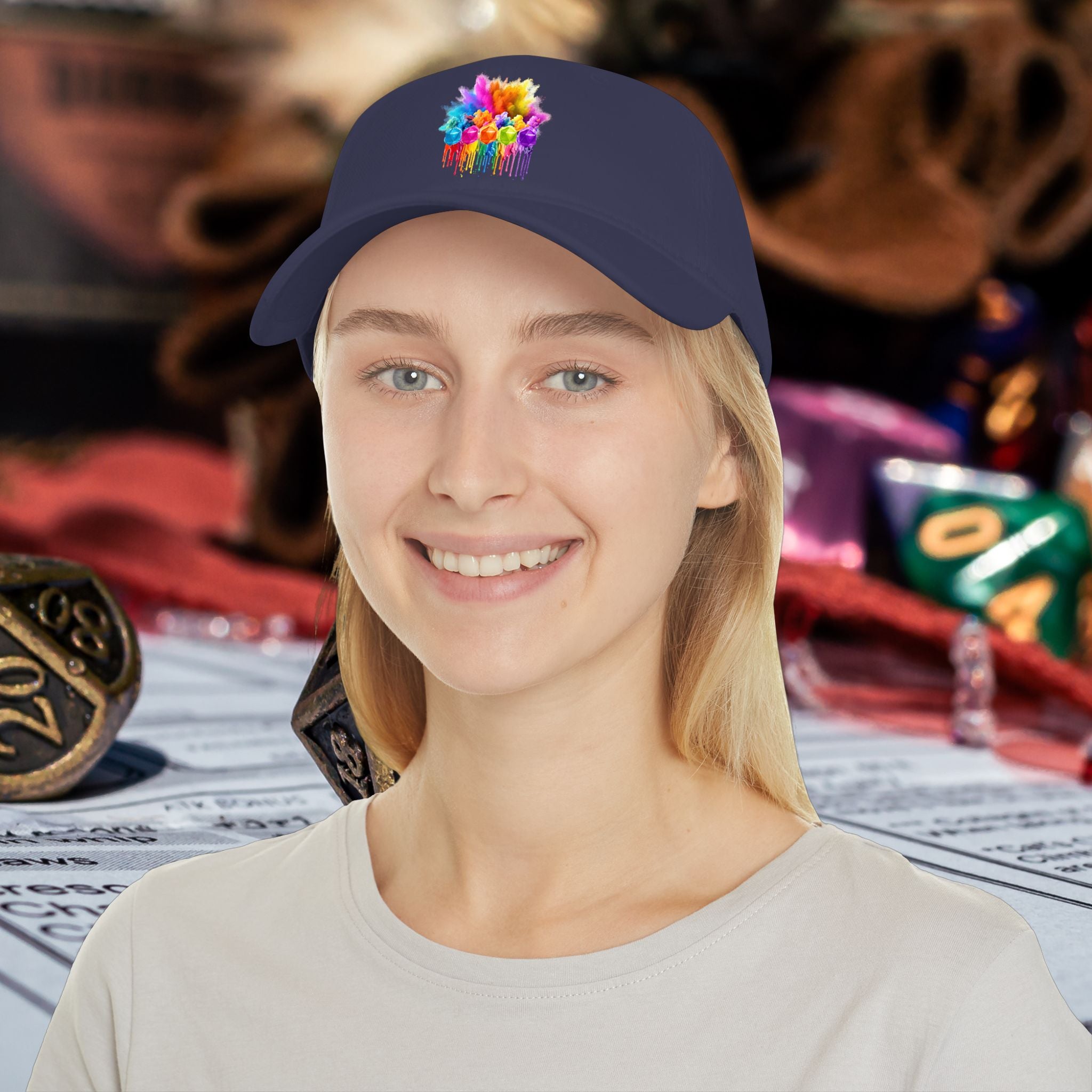 Colorful D20 Baseball Cap — Vibrant Dice Paint Splash Low-Profile Hat