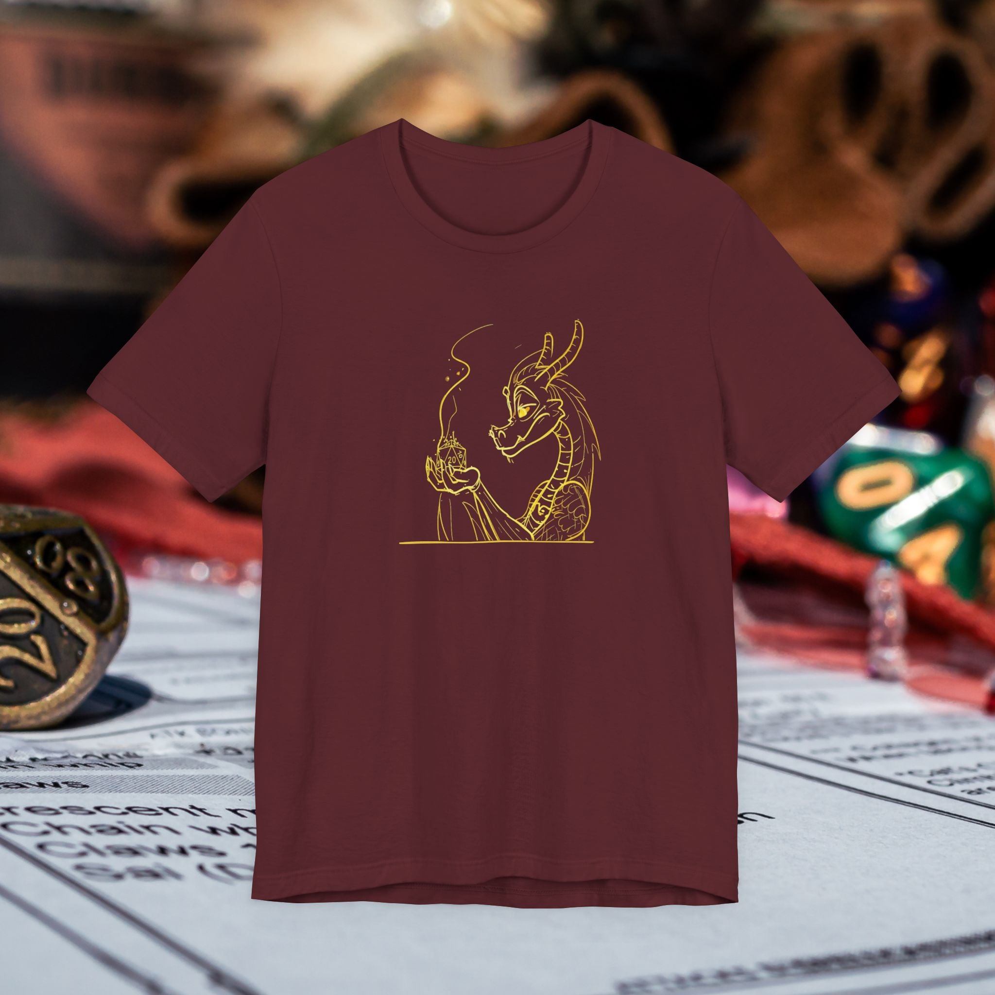 Dragon Dice T‑Shirt — Minimalist Dragon Holding D20 Gaming Tee