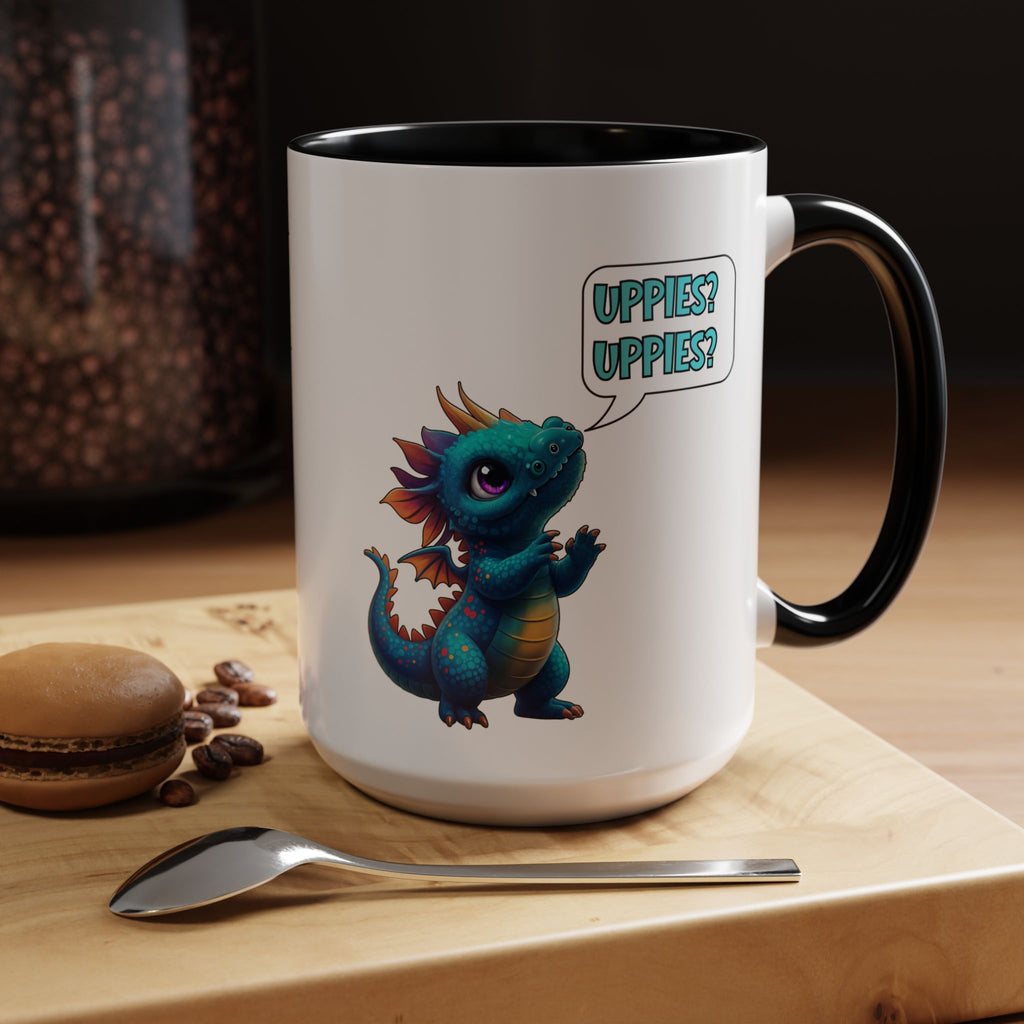 Dragon Coffee Mug - Cute Blue Dragon Saying 'Uppies? Uppies?' - Fantasy D20 Gamer Gift (15oz)