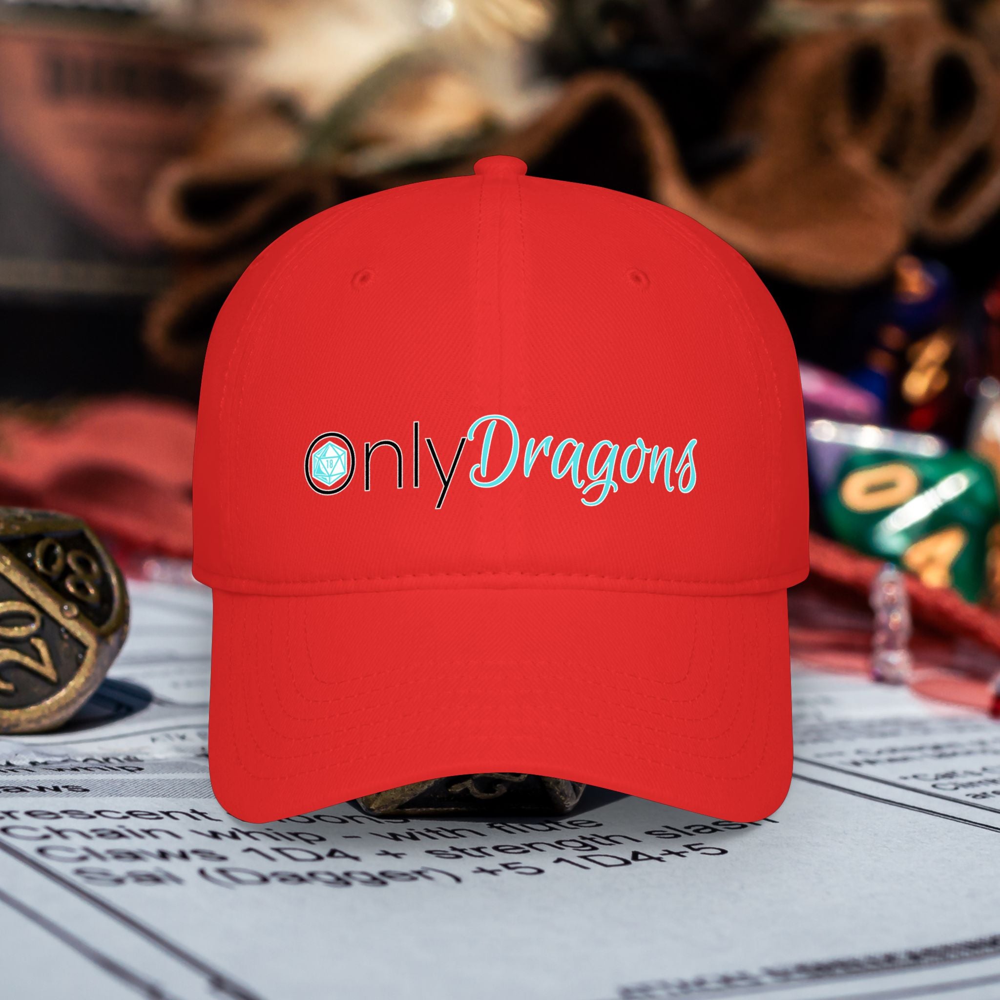 Only Dragons Low Profile Baseball Cap — D&D Dice Logo Hat for Tabletop Gamers