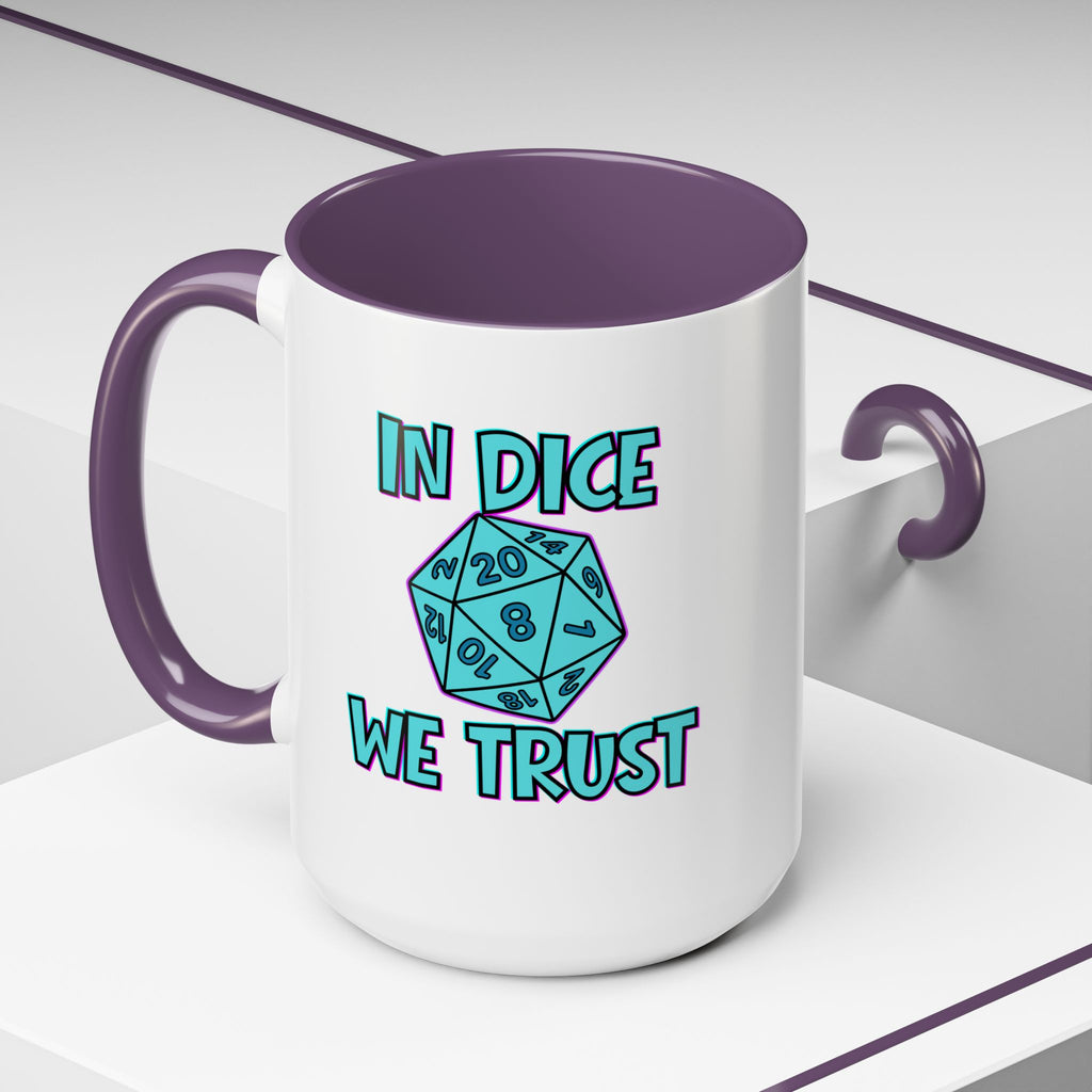 D20 Coffee Mug — "In Dice We Trust" Gamer RPG Dice Mug (15oz Accent)