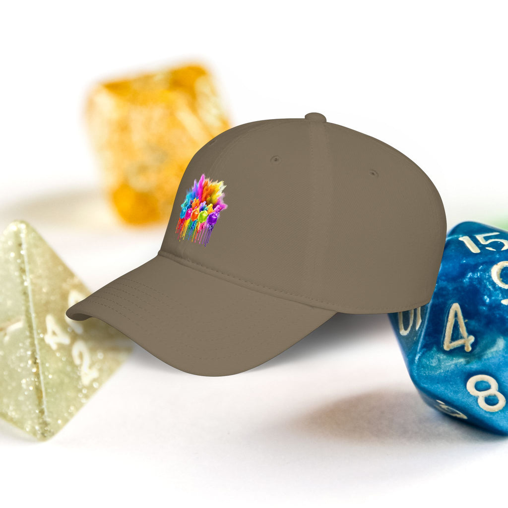Colorful D20 Baseball Cap — Vibrant Dice Paint Splash Low-Profile Hat