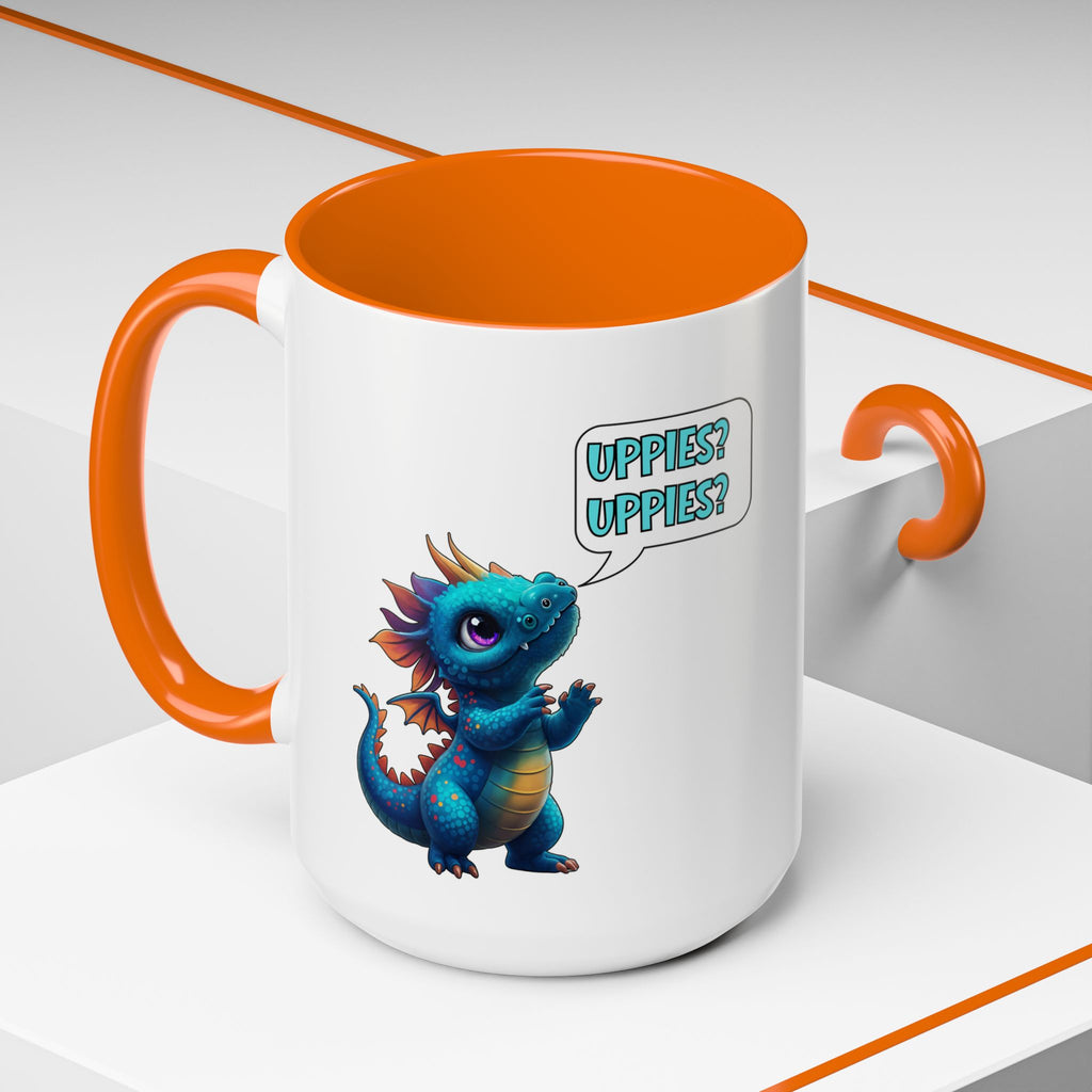 Dragon Coffee Mug - Cute Blue Dragon Saying 'Uppies? Uppies?' - Fantasy D20 Gamer Gift (15oz)