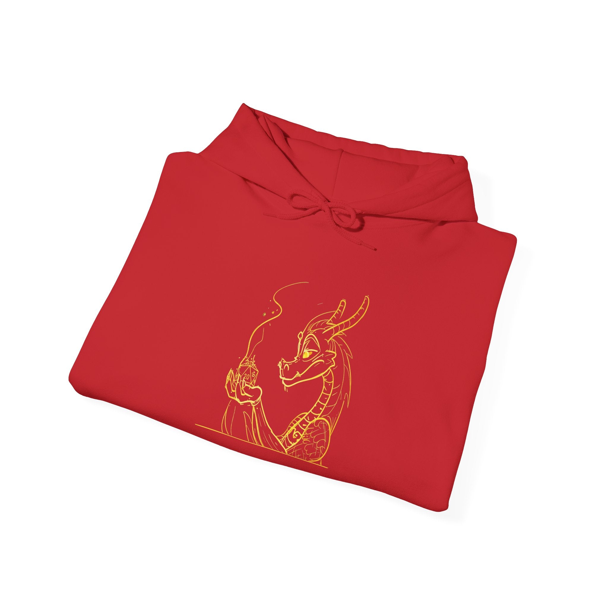 Dragon Holding D20 Hoodie — Gold Line Art Graphic Sweatshirt