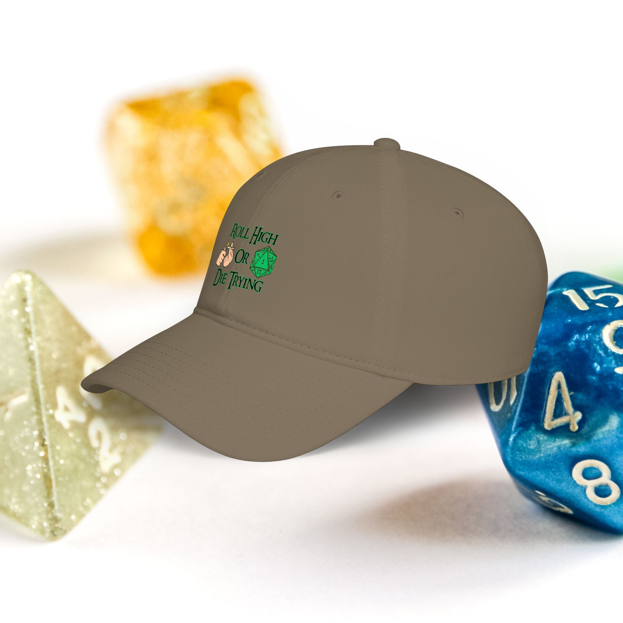 Roll High or Die Trying Baseball Cap — D20 Dice RPG Gamer Hat