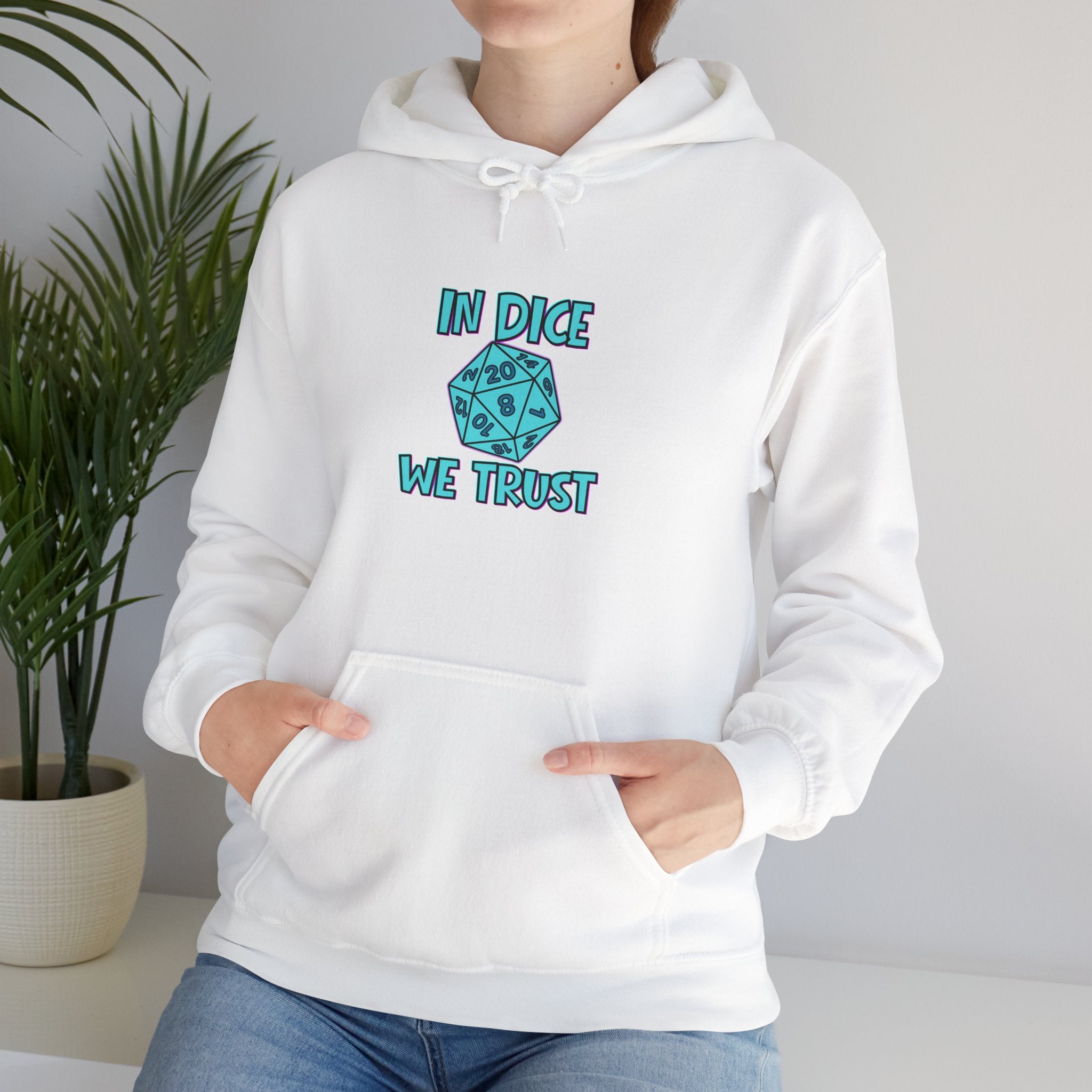 D20 Hoodie — "In Dice We Trust" RPG Gamer Hooded Sweatshirt