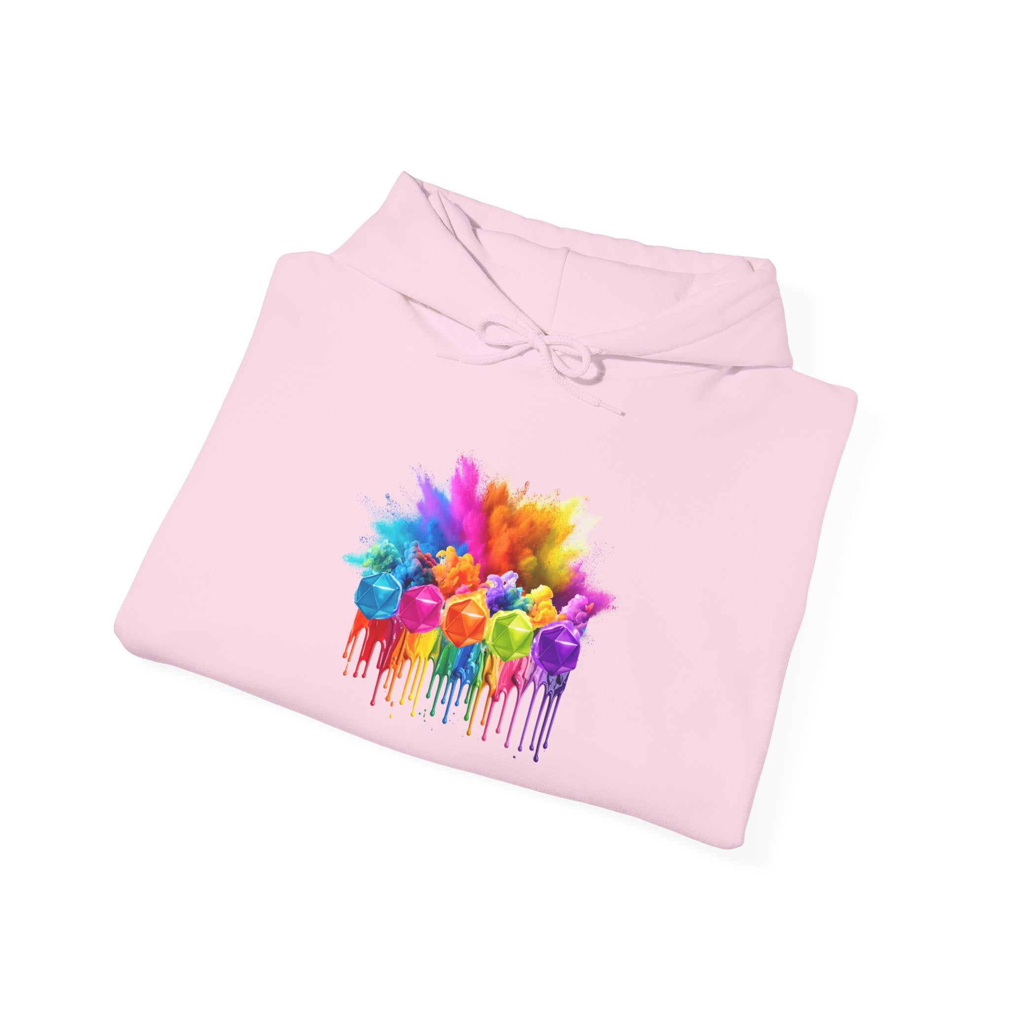 Colorful Drip D20 Hoodie – Vibrant Rainbow Dice Sweatshirt