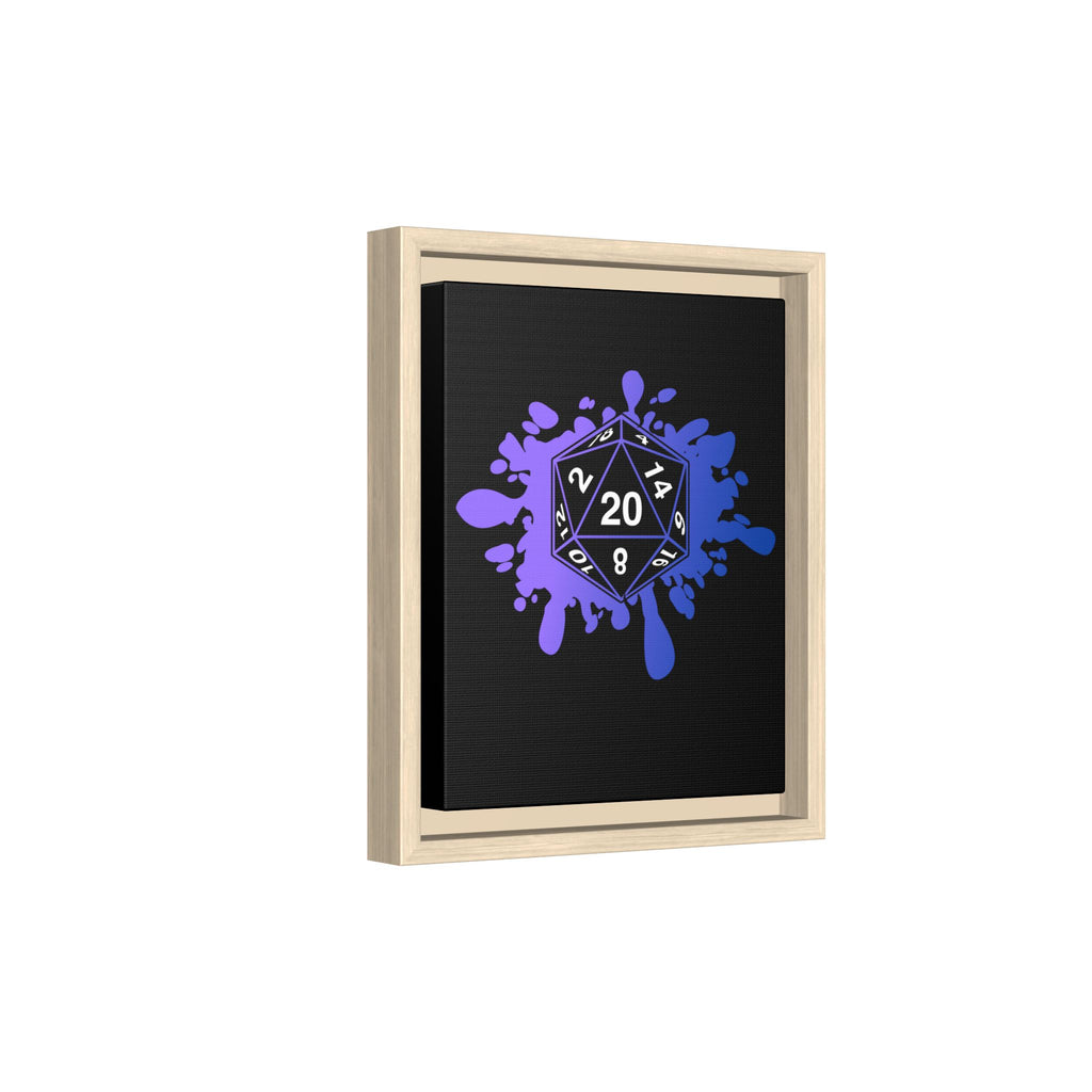 D20 Splash Matte Canvas Framed Wall Art — Purple Blue Tabletop RPG Decor