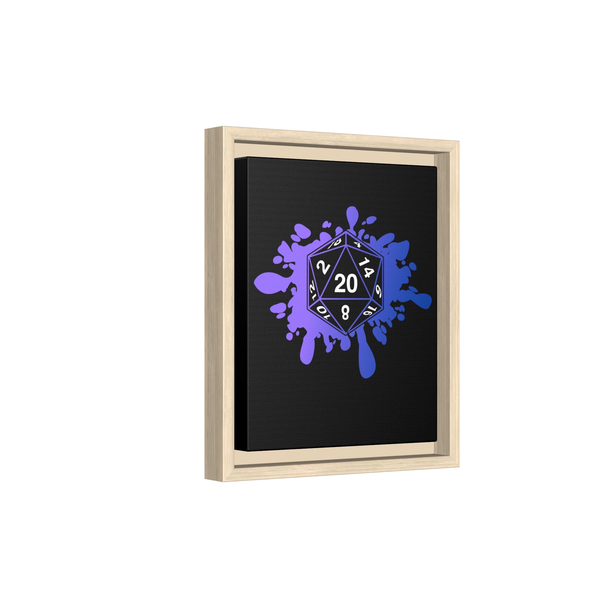 D20 Splash Matte Canvas Framed Wall Art — Purple Blue Tabletop RPG Decor