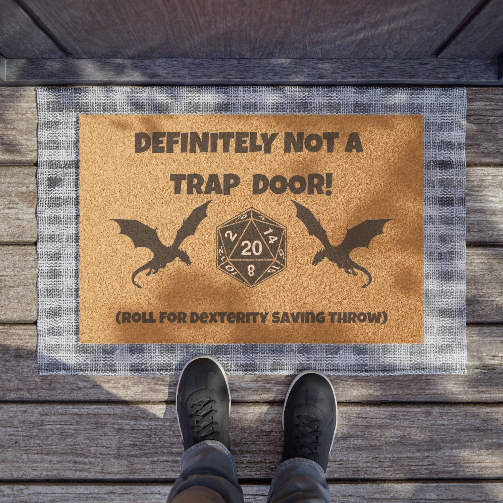 Doormat — "Definitely Not a Trap Door! (Roll for Dexterity)" Gamer Welcome Mat