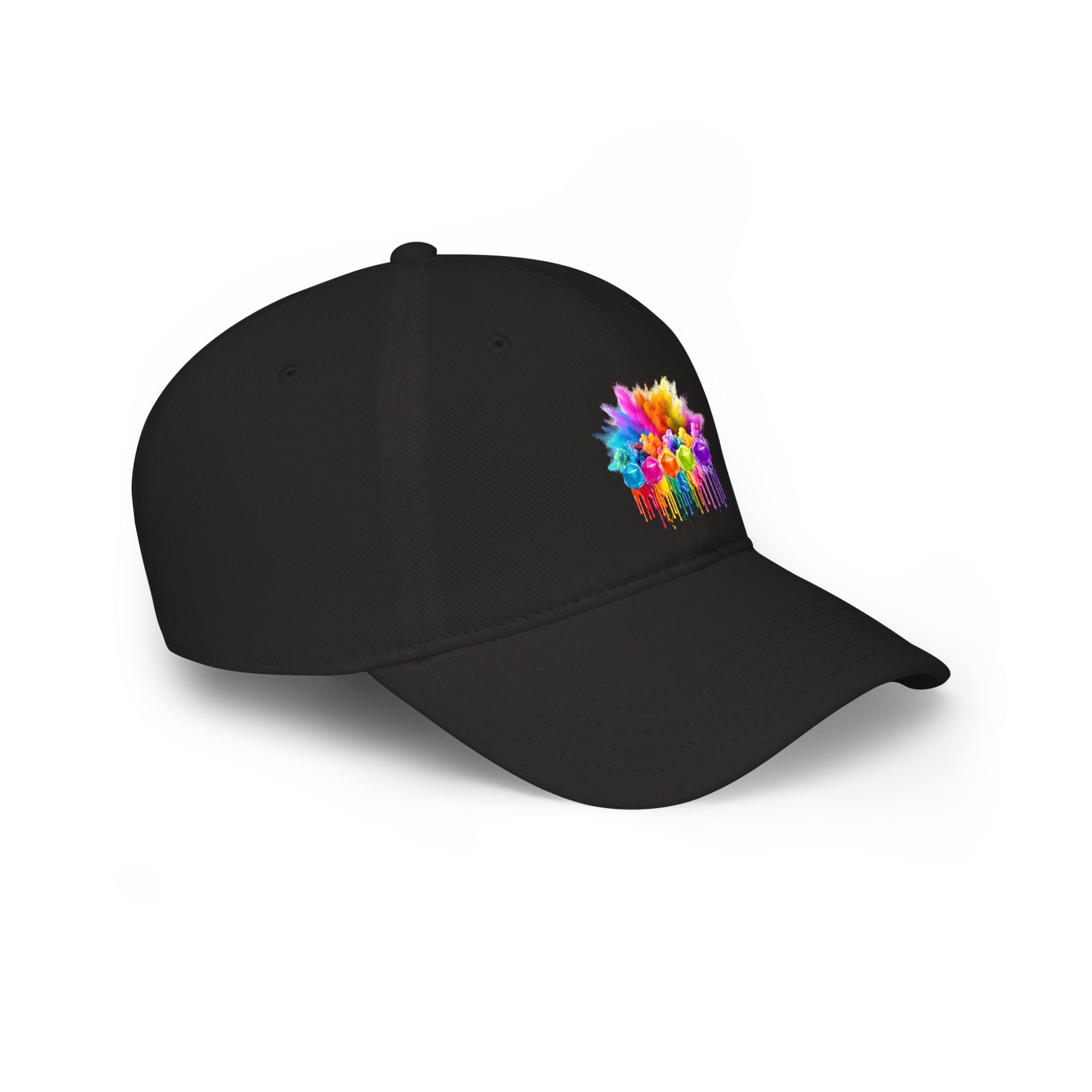 Colorful D20 Baseball Cap — Vibrant Dice Paint Splash Low-Profile Hat