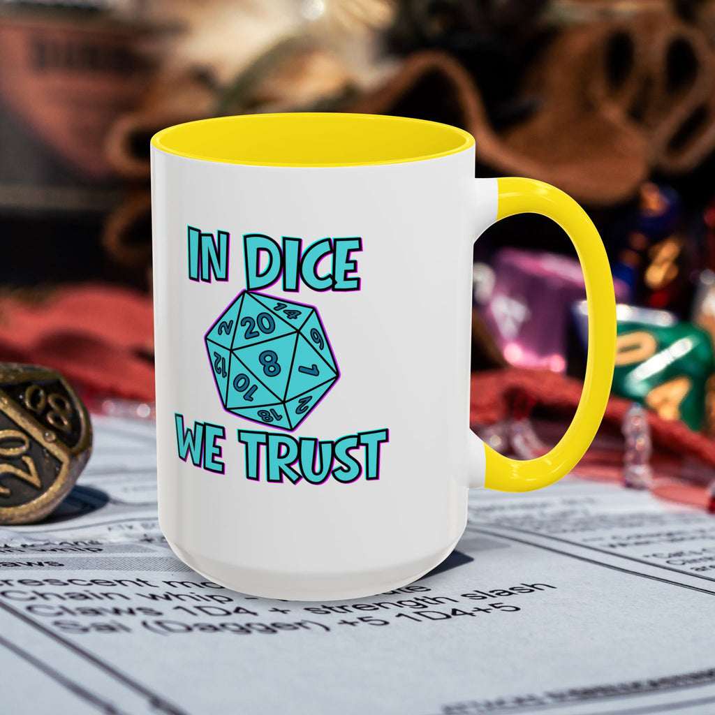 D20 Coffee Mug — "In Dice We Trust" Gamer RPG Dice Mug (15oz Accent)