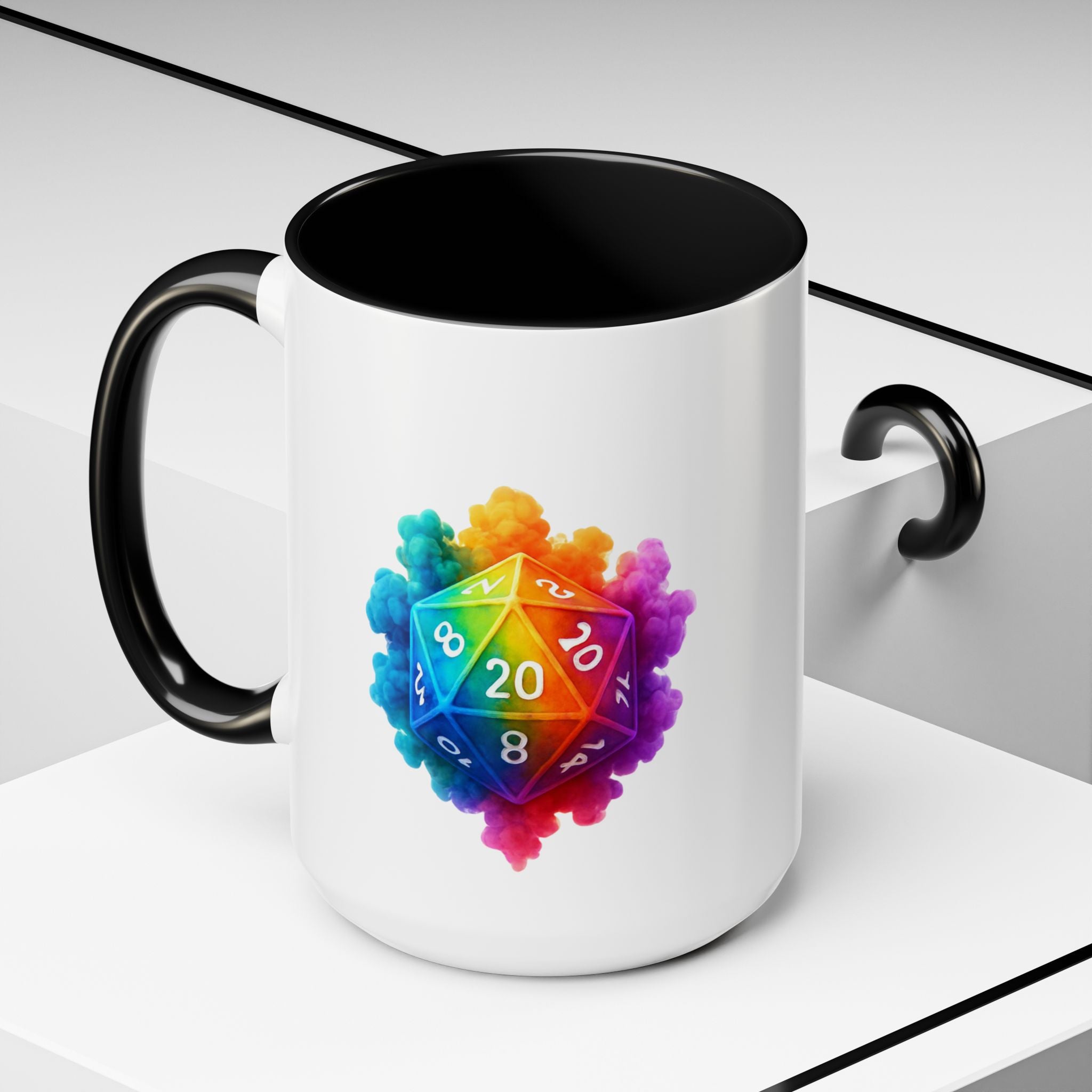 D20 Rainbow Dice Coffee Mug — Colorful Tabletop RPG Gamer Mug (15 oz)