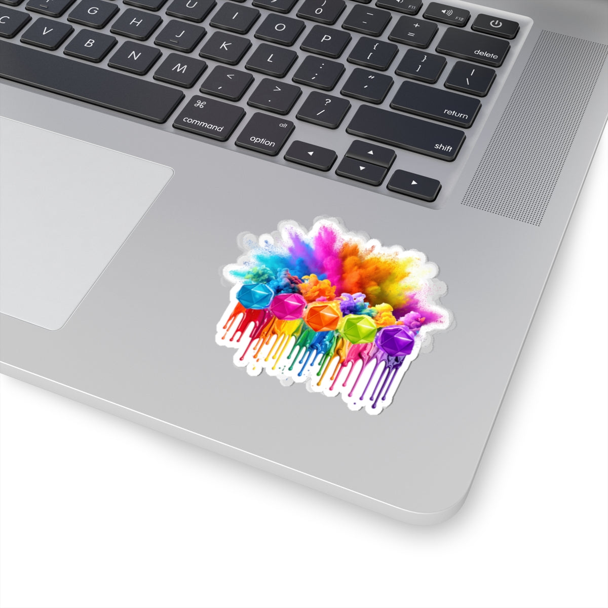 Colorburst Drip D20 Kiss-Cut Sticker — Rainbow Paint Splash Laptop Decal